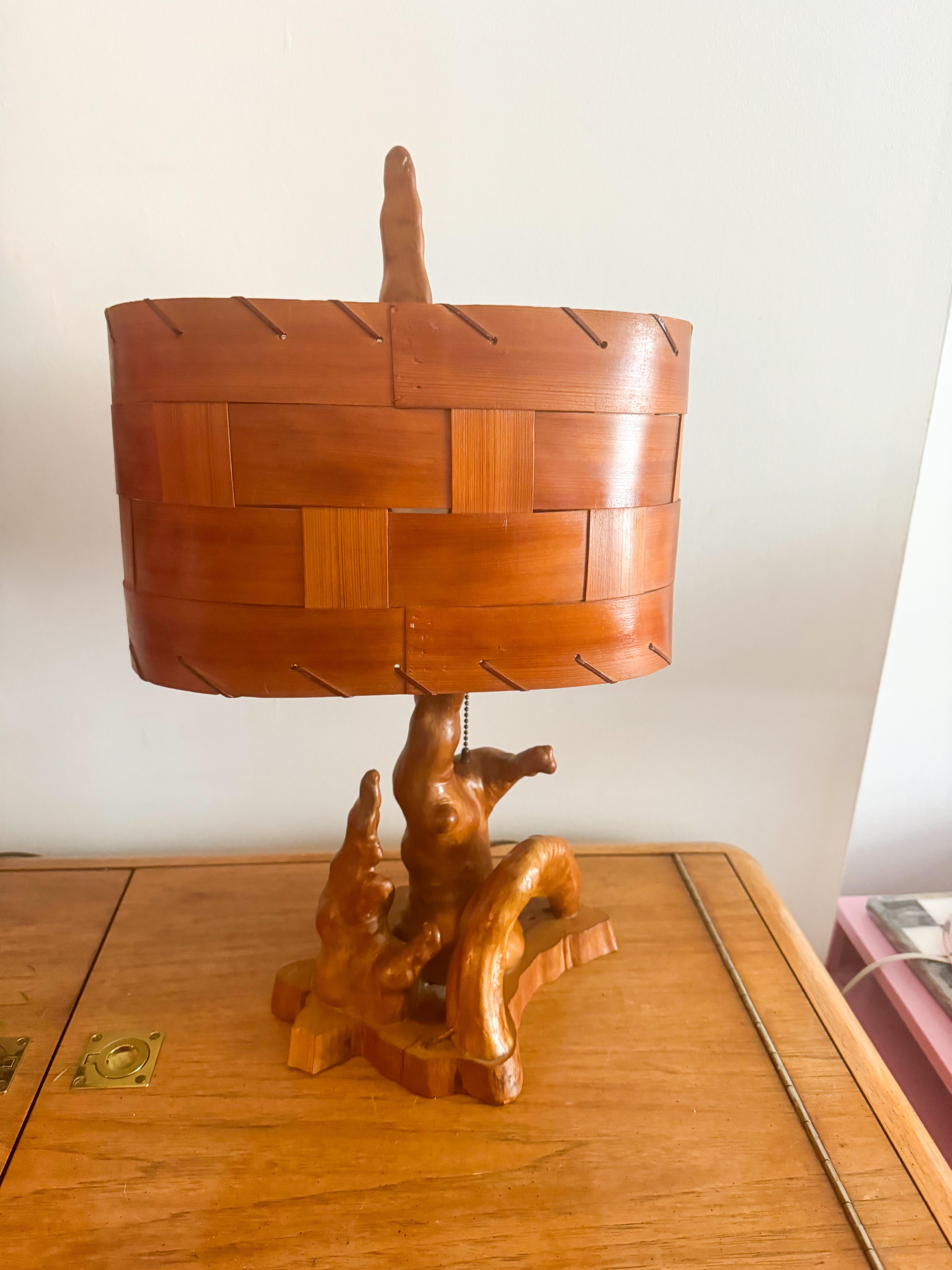 Mid-Century Modern Mid-Century Cypress Knees Sculptural Table Lamp with Woven Wooden Shade, 1960s For Sale