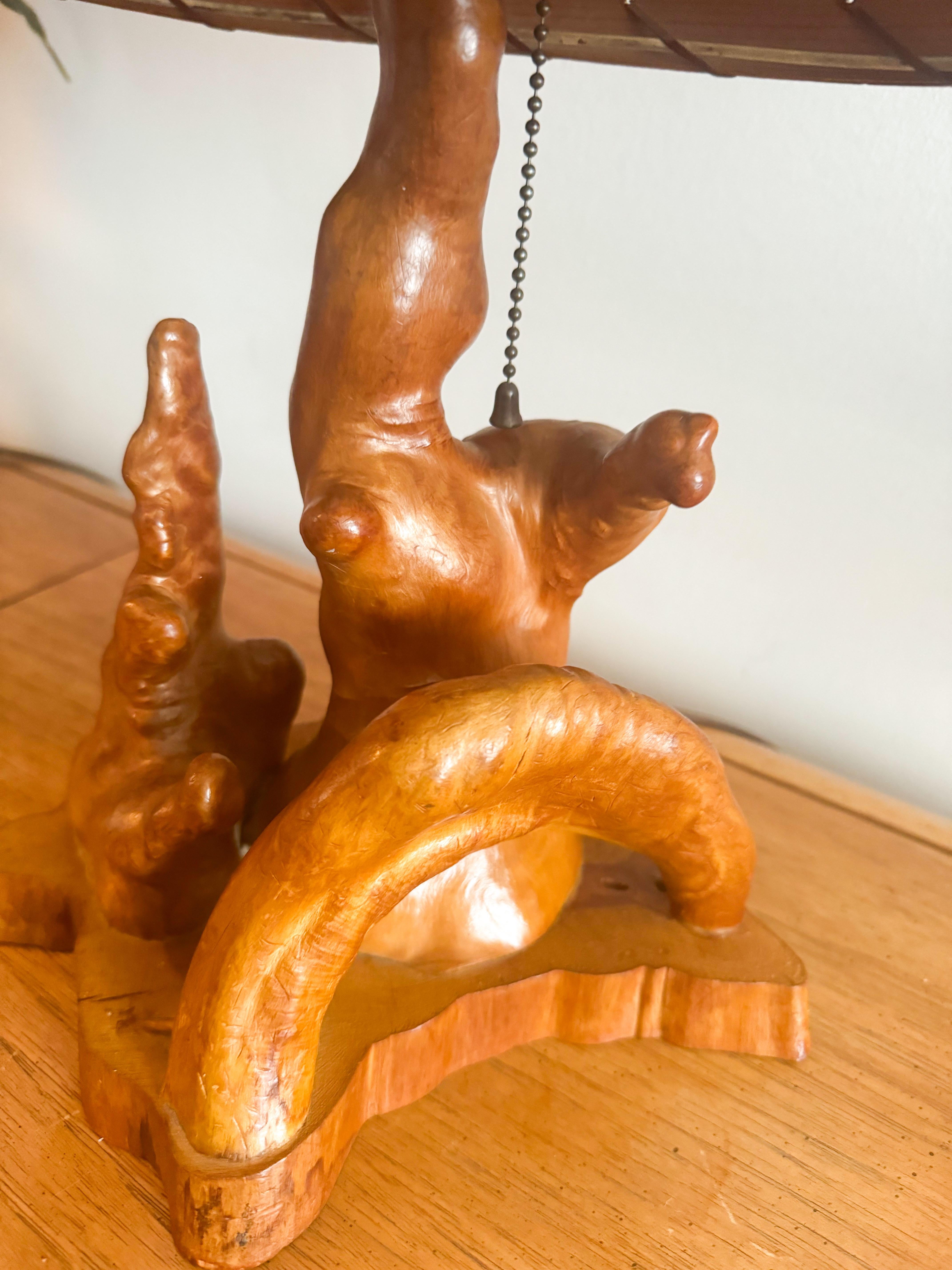 Mid-Century Cypress Knees Sculptural Table Lamp with Woven Wooden Shade, 1960s For Sale 1