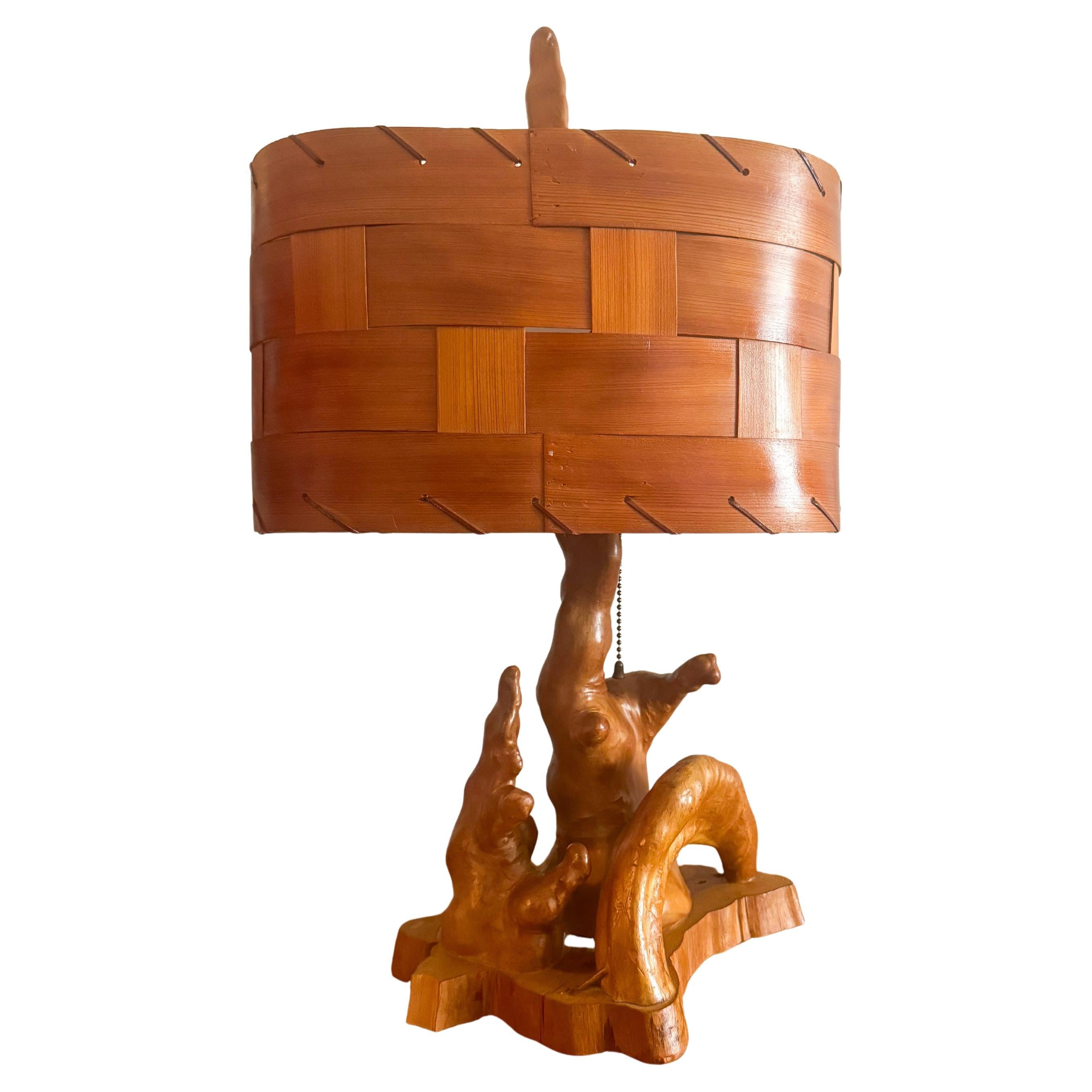 Mid-Century Cypress Knees Sculptural Table Lamp with Woven Wooden Shade, 1960s