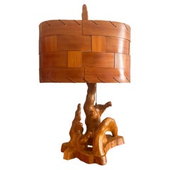 Skulpturale Zypressenknie-Tischlampe aus der Mitte des Jahrhunderts mit geflochtenem Holzschirm, 1960er Jahre