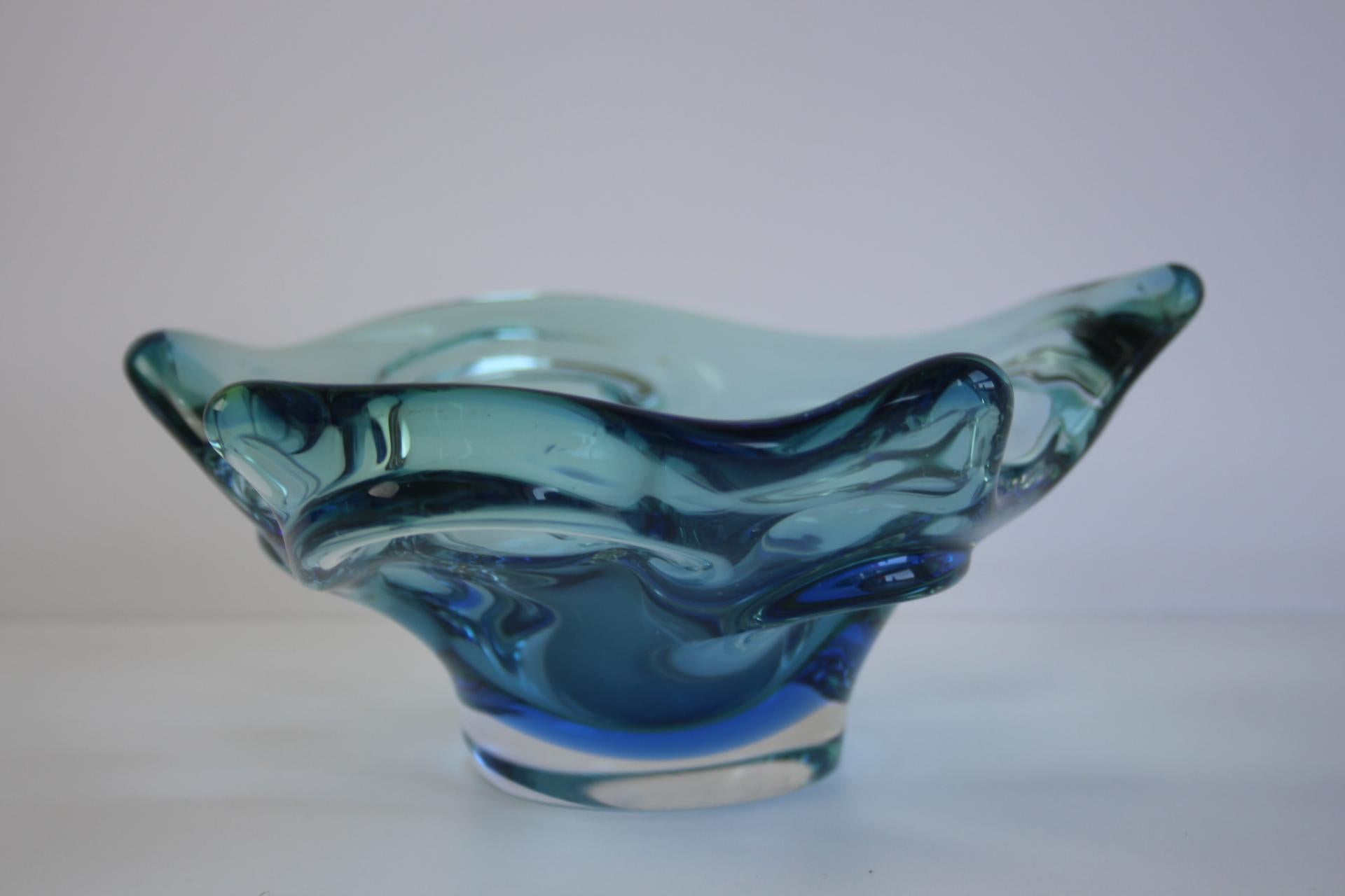 Mid-Century Modern Mid-Century Czech Art Glass Bowl by Chribska, Blue & Green, 1960s For Sale