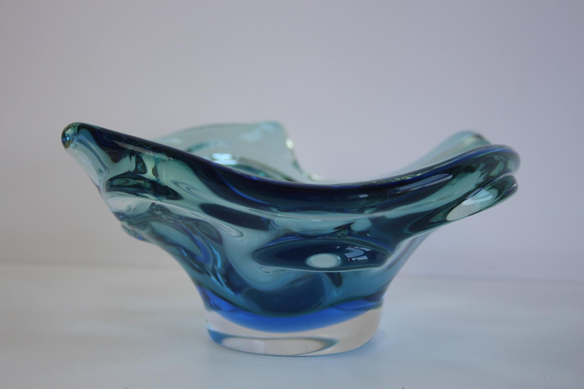 Mid-20th Century Mid-Century Czech Art Glass Bowl by Chribska, Blue & Green, 1960s For Sale
