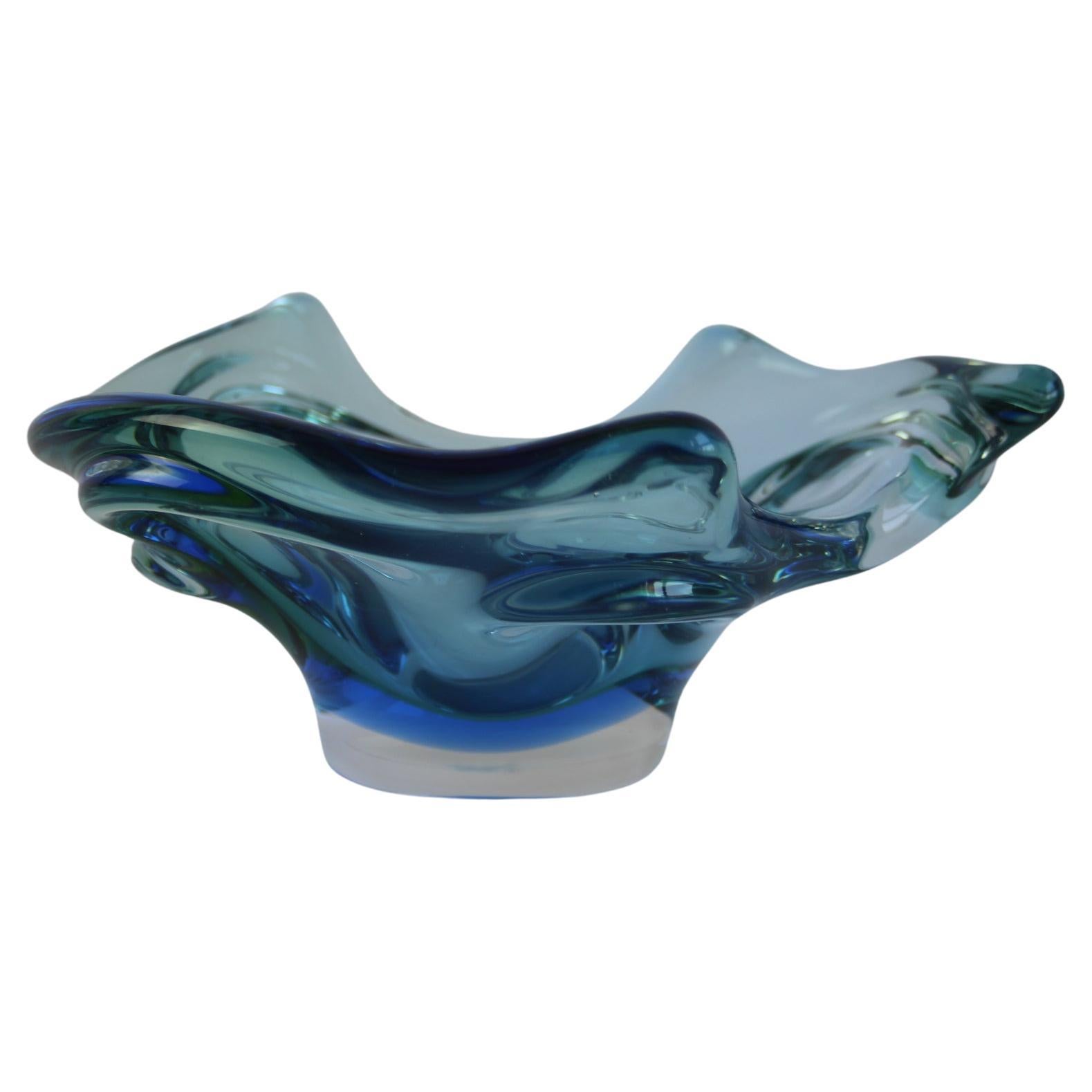 Mid-Century Czech Art Glass Bowl by Chribska, Blue & Green, 1960s For Sale