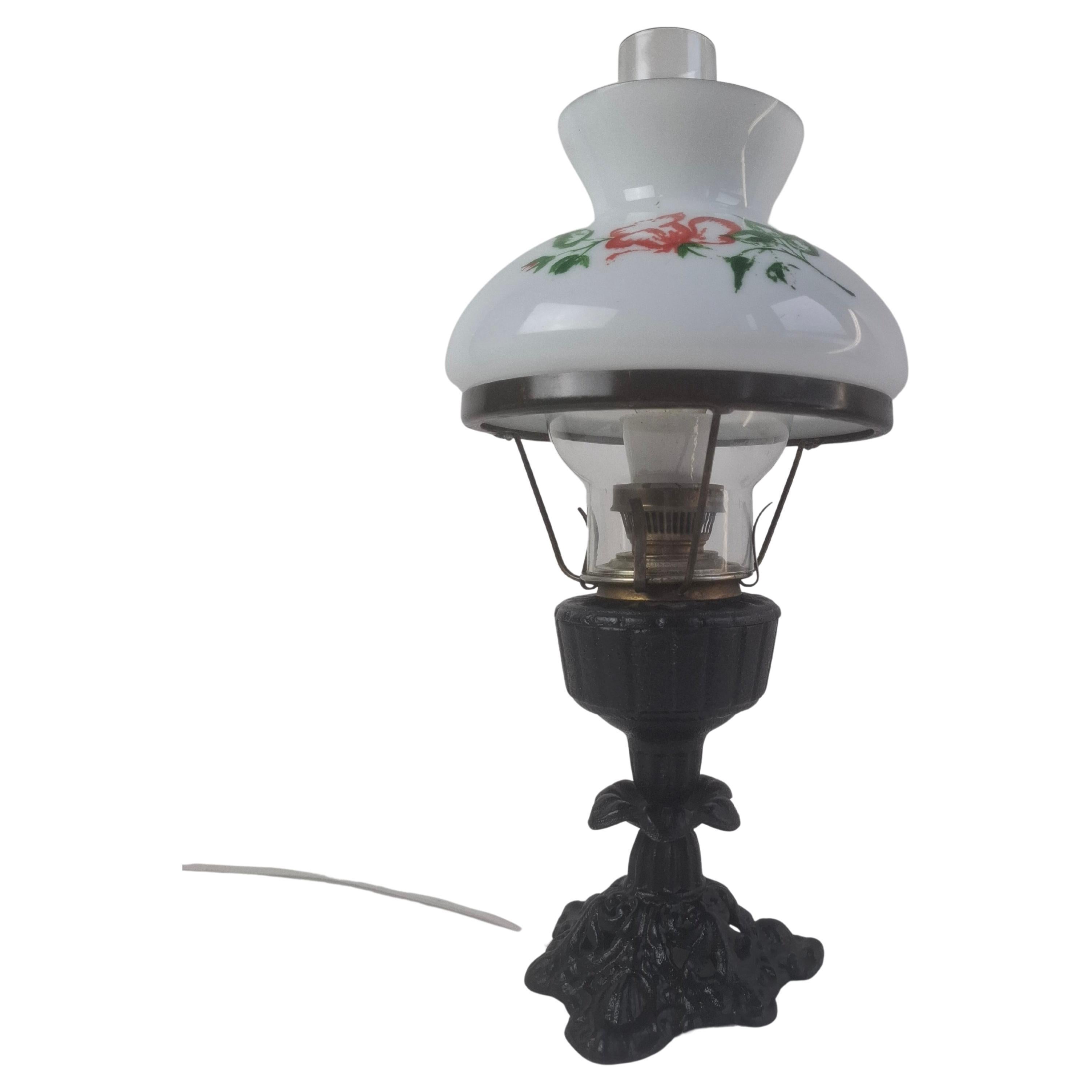 Mid Century Czech Cast Iron Glass Lamp Vintage Floral Shade Home Lighting For Sale
