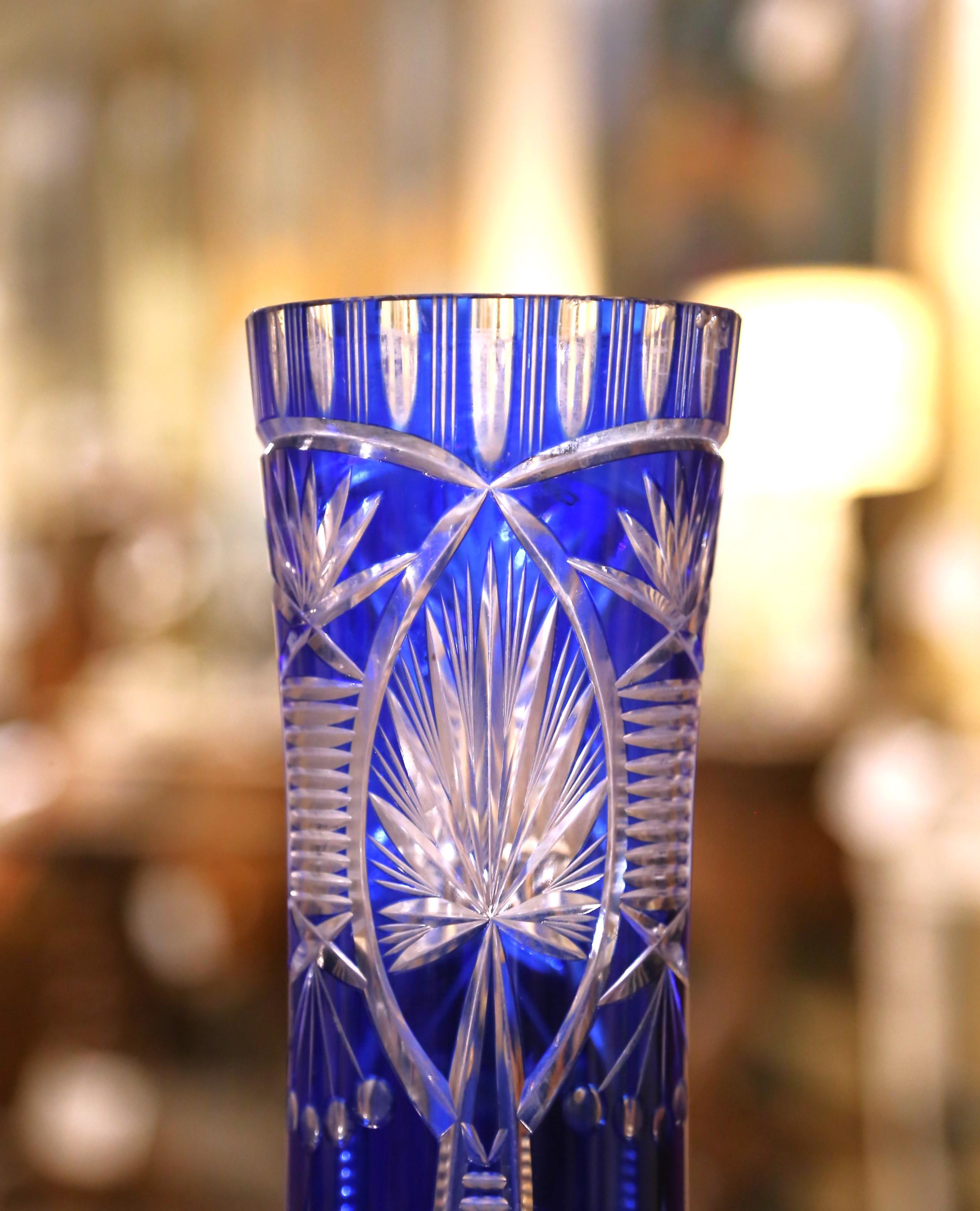 Hand-Crafted Mid-Century Czech Cobalt Cut-to-Clear Crystal Vase For Sale