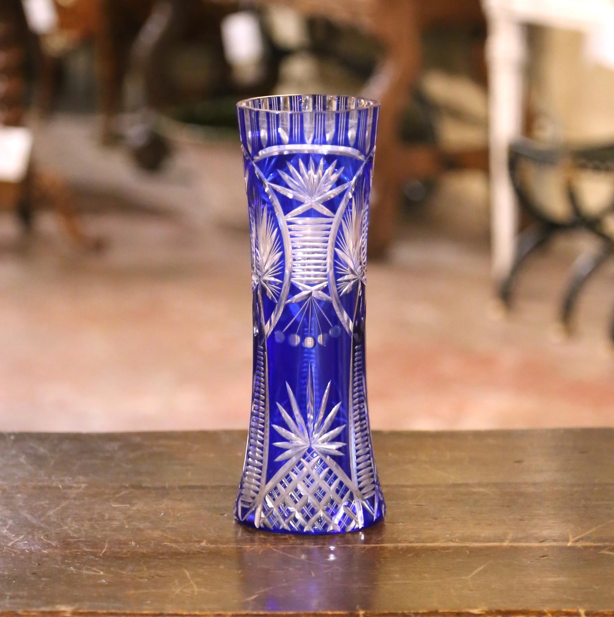 Mid-Century Czech Cobalt Cut-to-Clear Crystal Vase In Good Condition For Sale In Dallas, TX