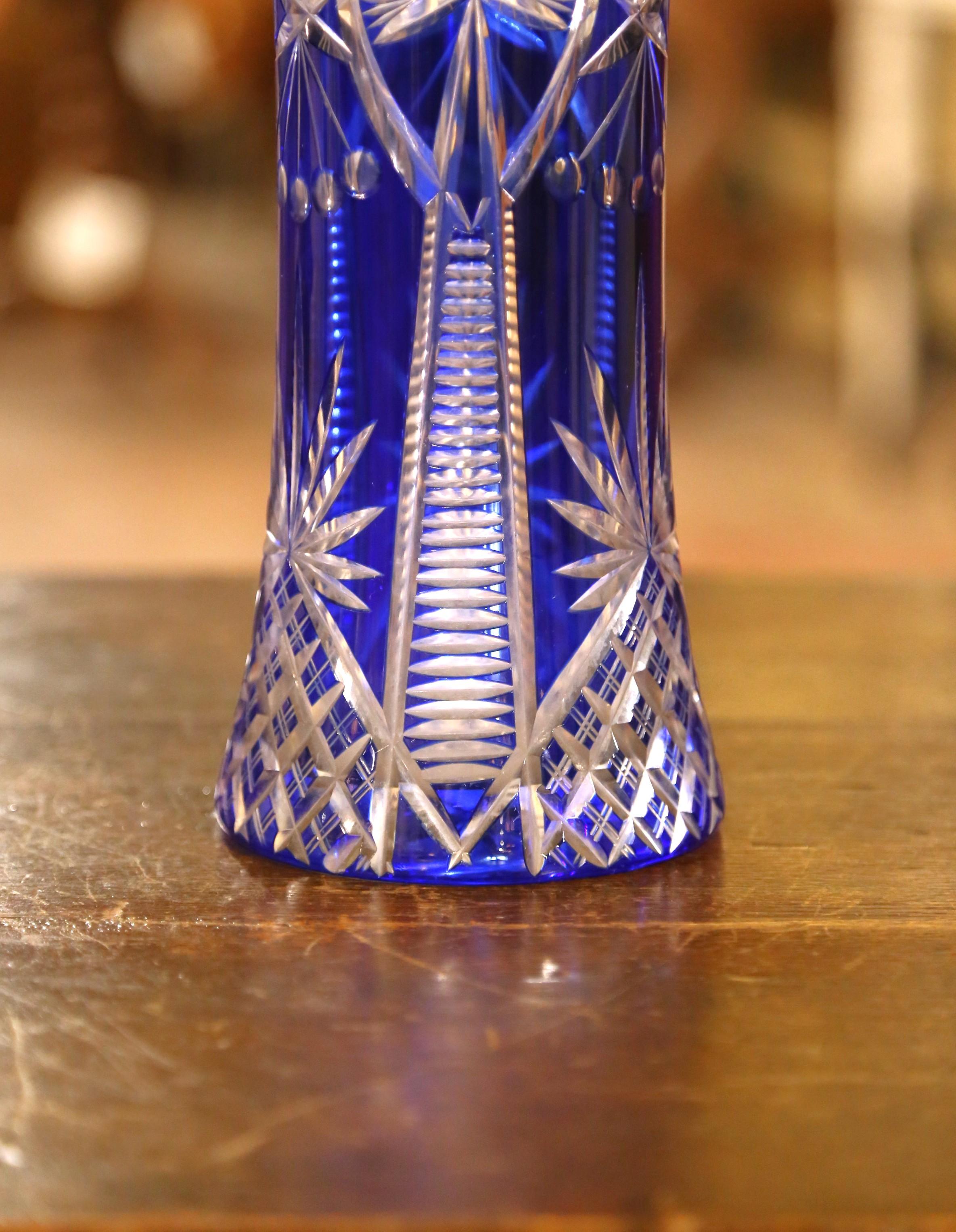 20th Century Mid-Century Czech Cobalt Cut-to-Clear Crystal Vase For Sale