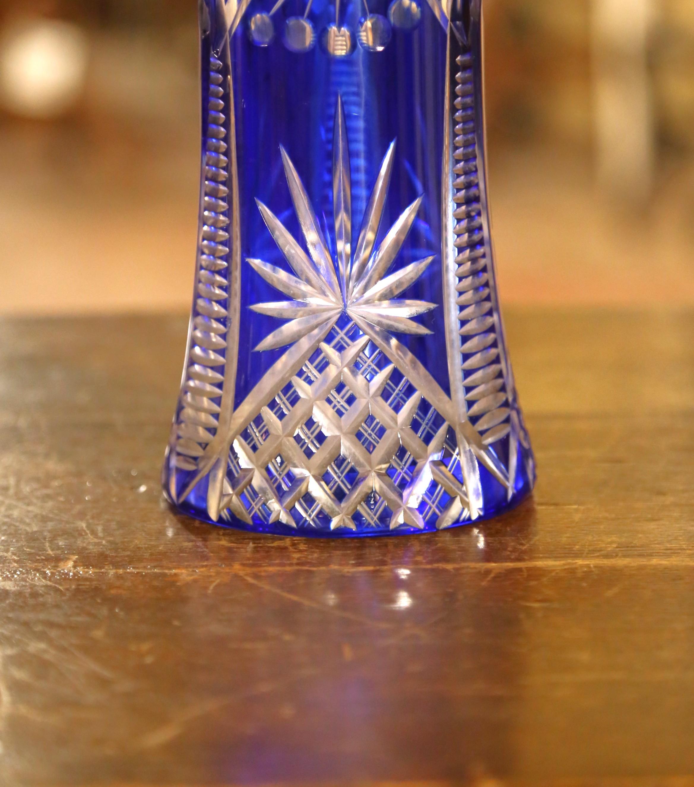 Cut Glass Mid-Century Czech Cobalt Cut-to-Clear Crystal Vase For Sale
