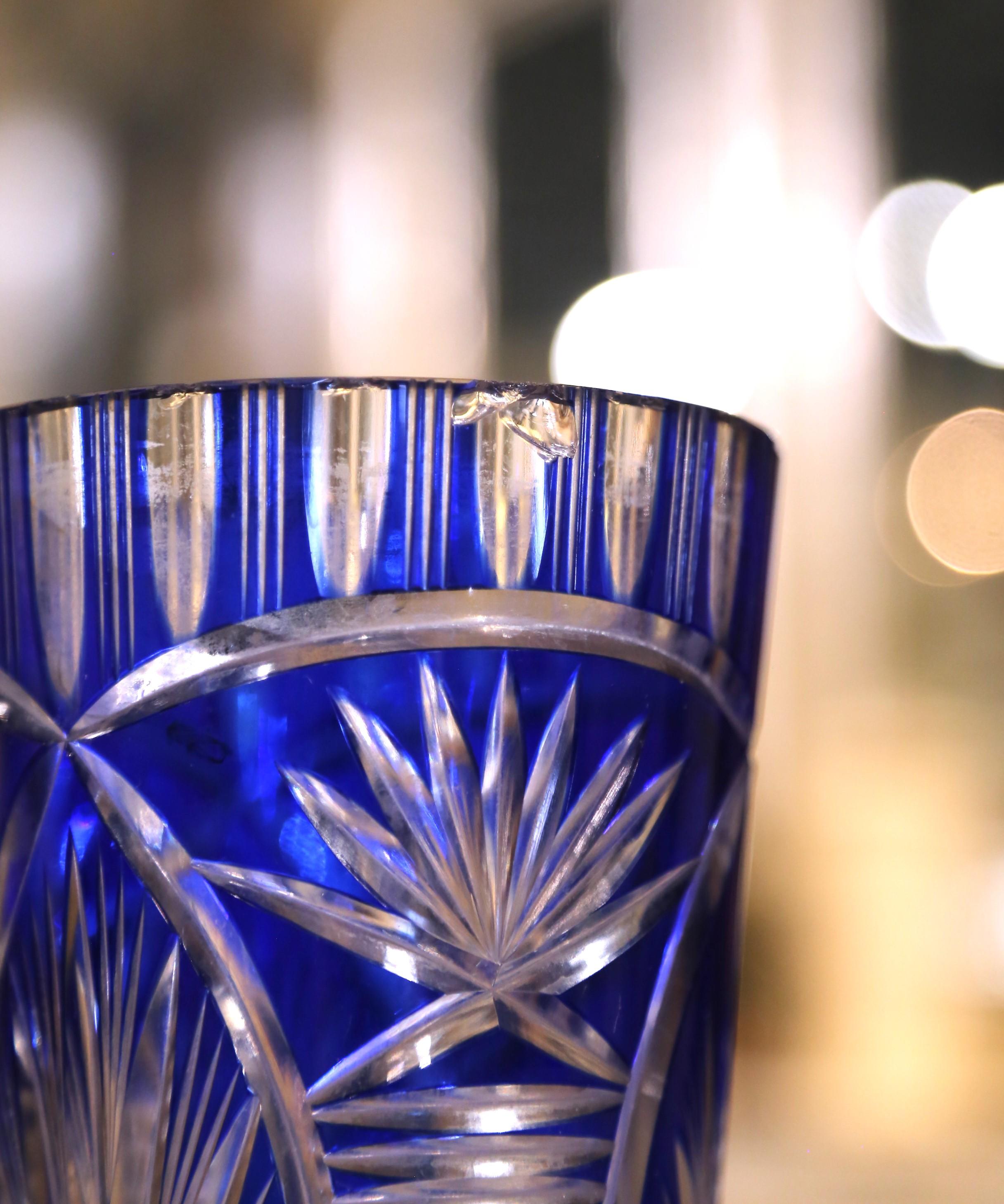 Mid-Century Czech Cobalt Cut-to-Clear Crystal Vase For Sale 1