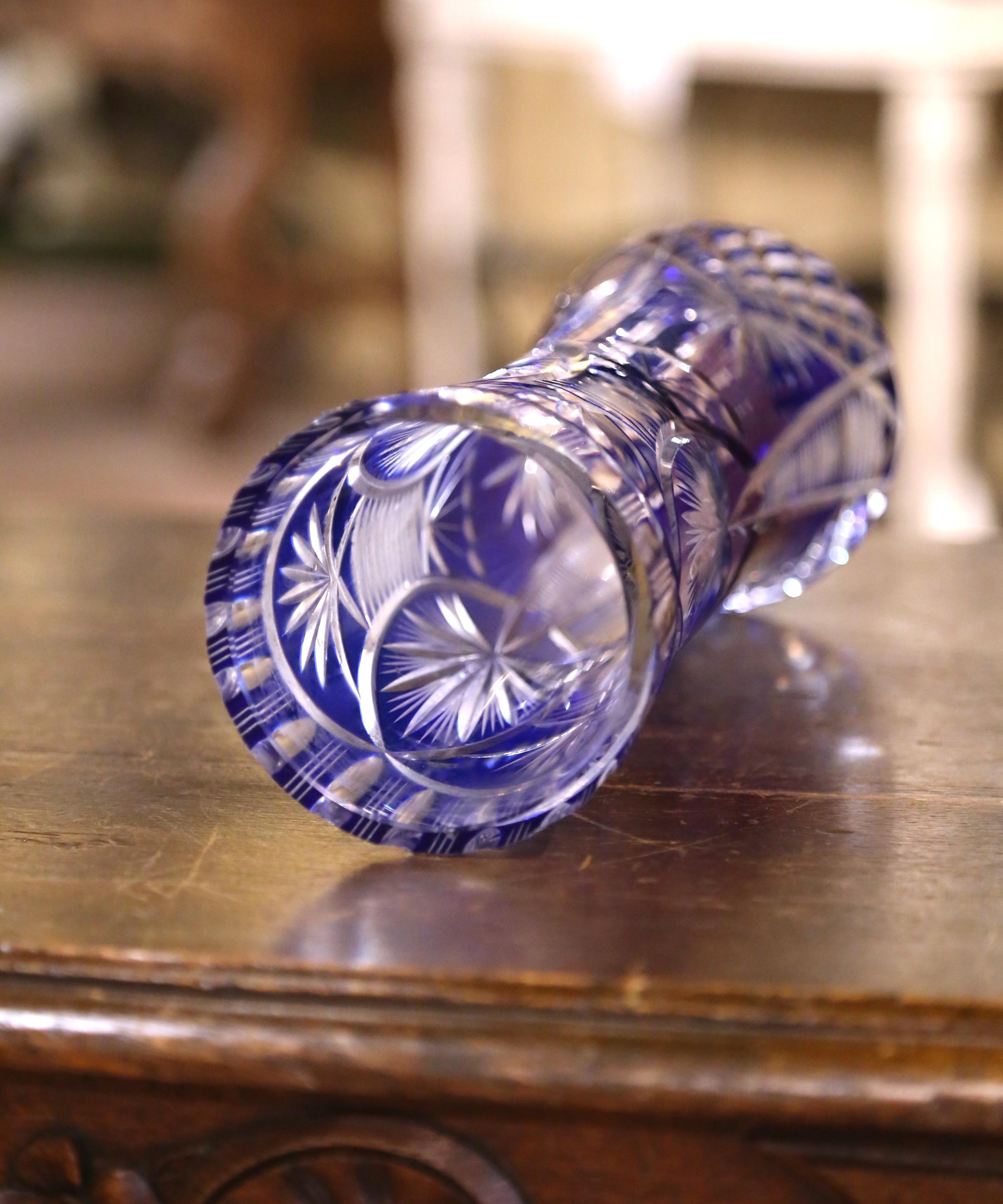 Mid-Century Czech Cobalt Cut-to-Clear Crystal Vase For Sale 2
