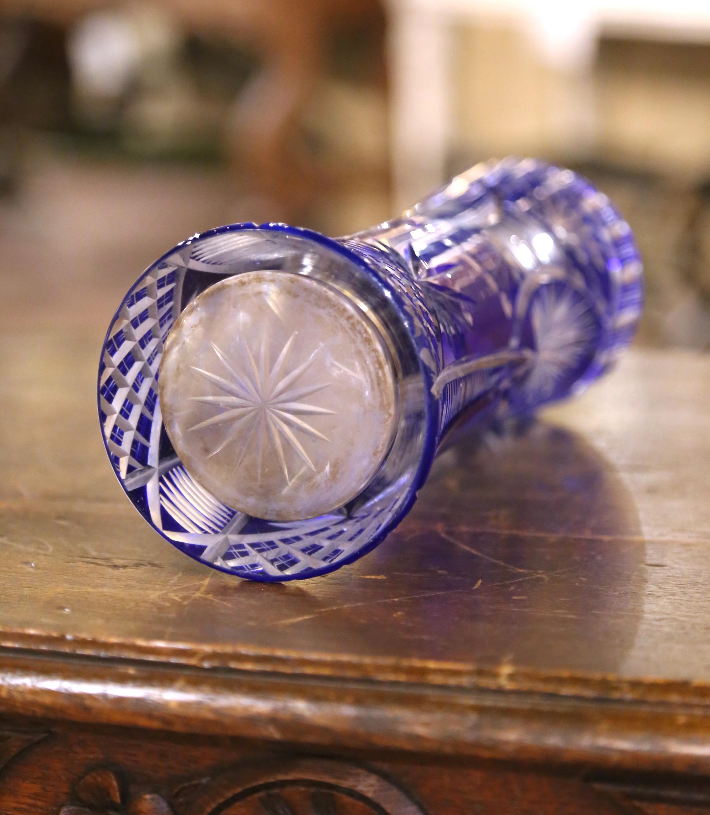 Mid-Century Czech Cobalt Cut-to-Clear Crystal Vase For Sale 3