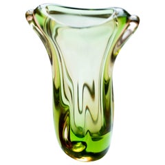 Midcentury Czech Green, Yellow and Pink Glass Vase