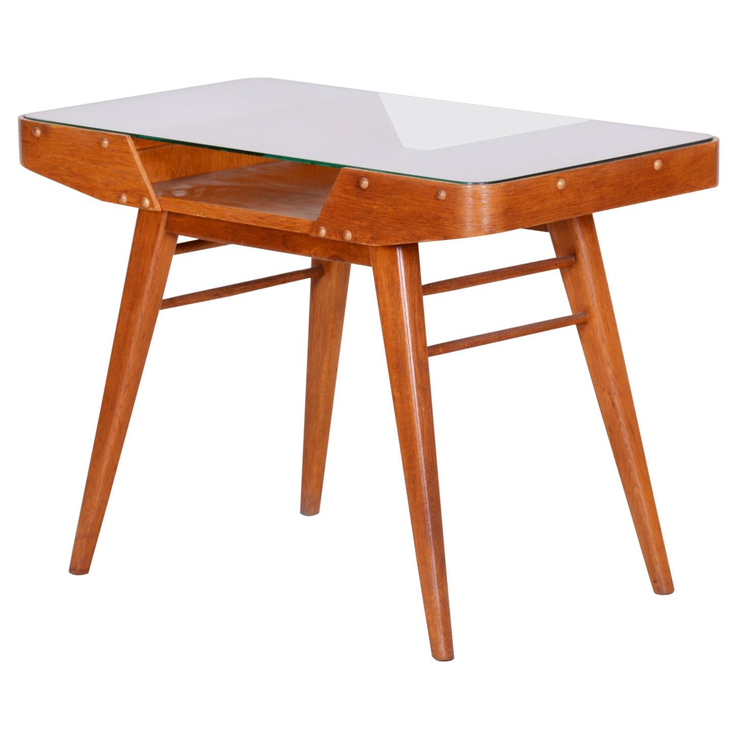 Midcentury Czech Small Oak Table, Glass Desk, František Jirák, Tatra, 1950s