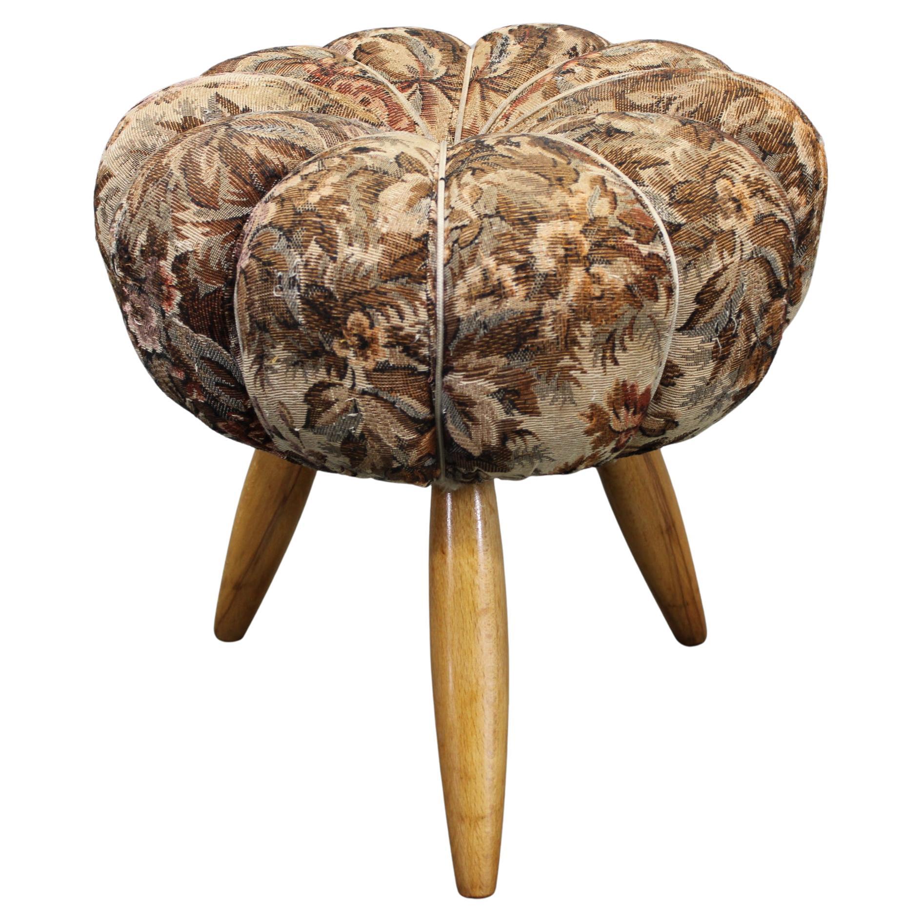 Mid Century Czech Upholstered Stool, Beech Wood, 1950s