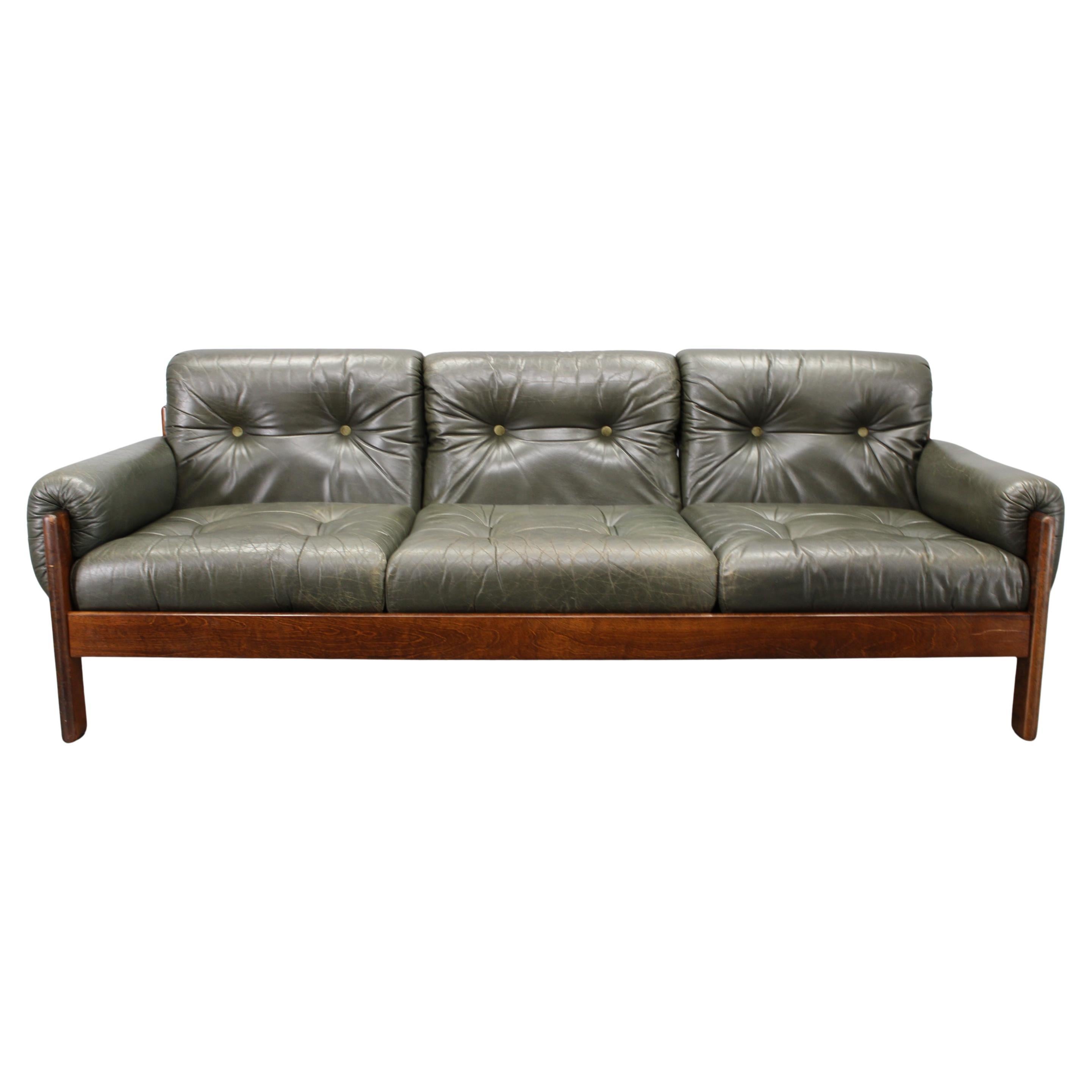 Mid-Century Czechoslovak Green Leather Sofa, 1970s For Sale