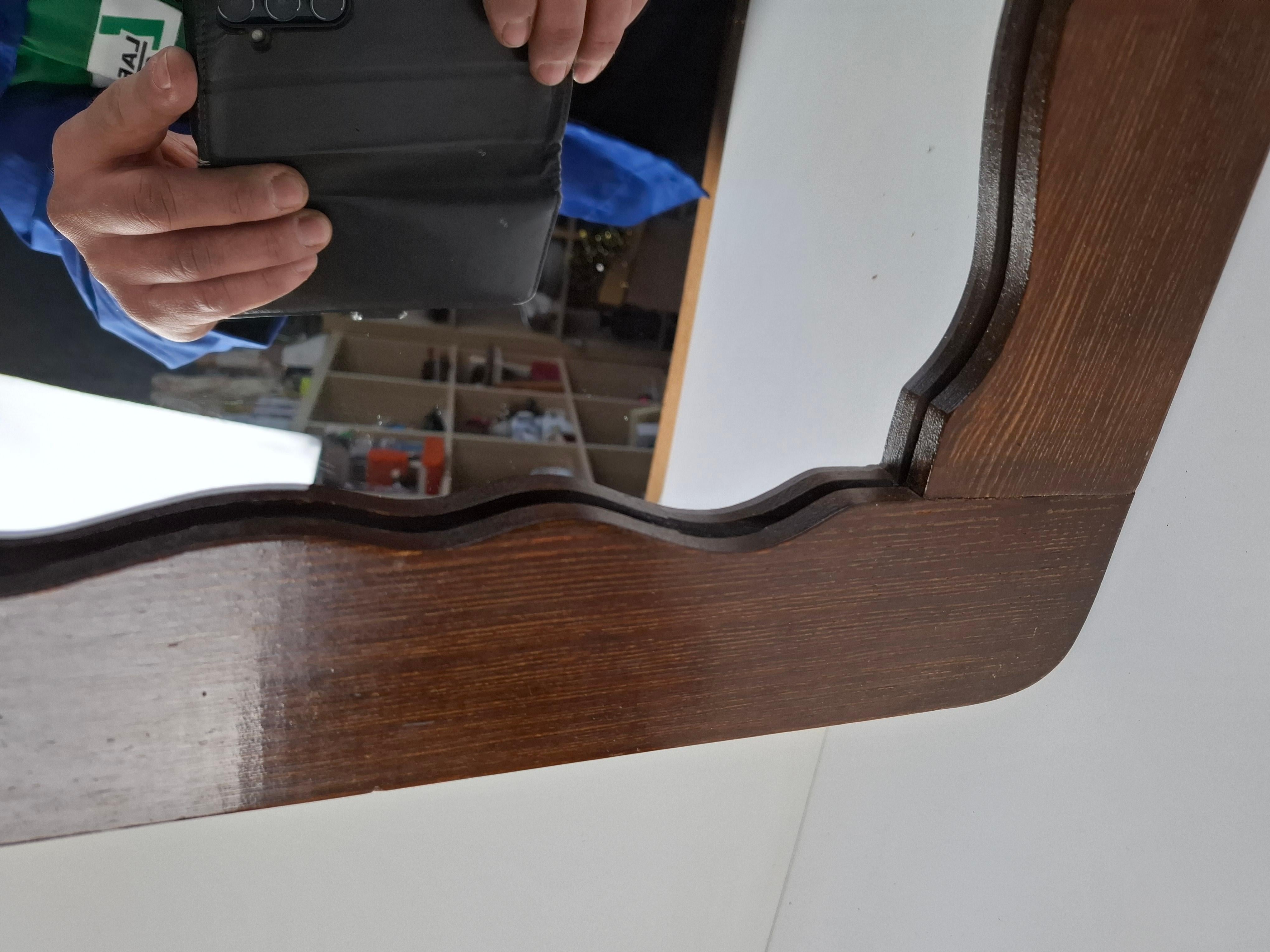 Glass Mid-Century Czechoslovak Wavy-Frame Wooden Wall Mirror, 1940s For Sale