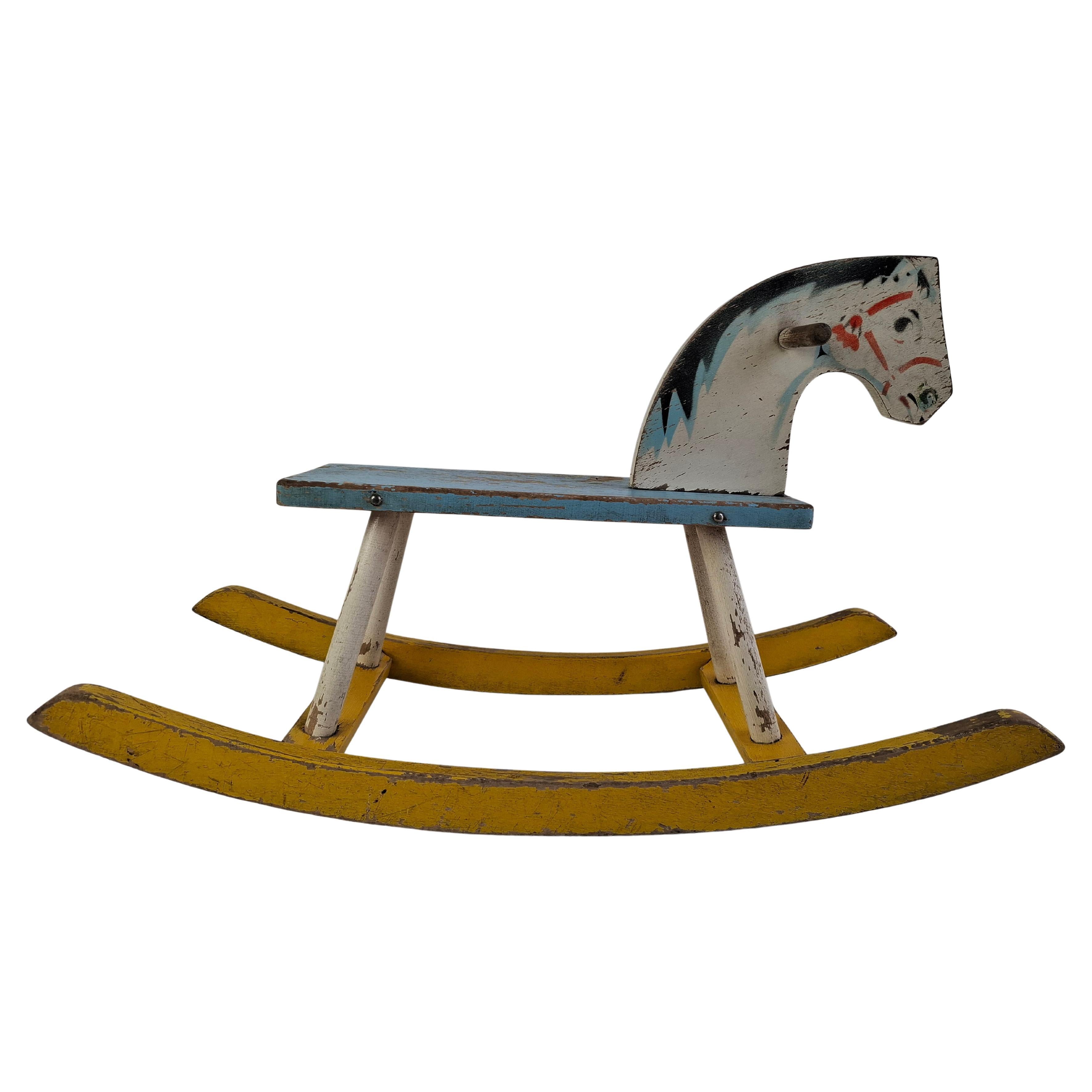 Mid-Century Czechoslovak Wooden Rocking Horse, Hand-Painted, 1960s
