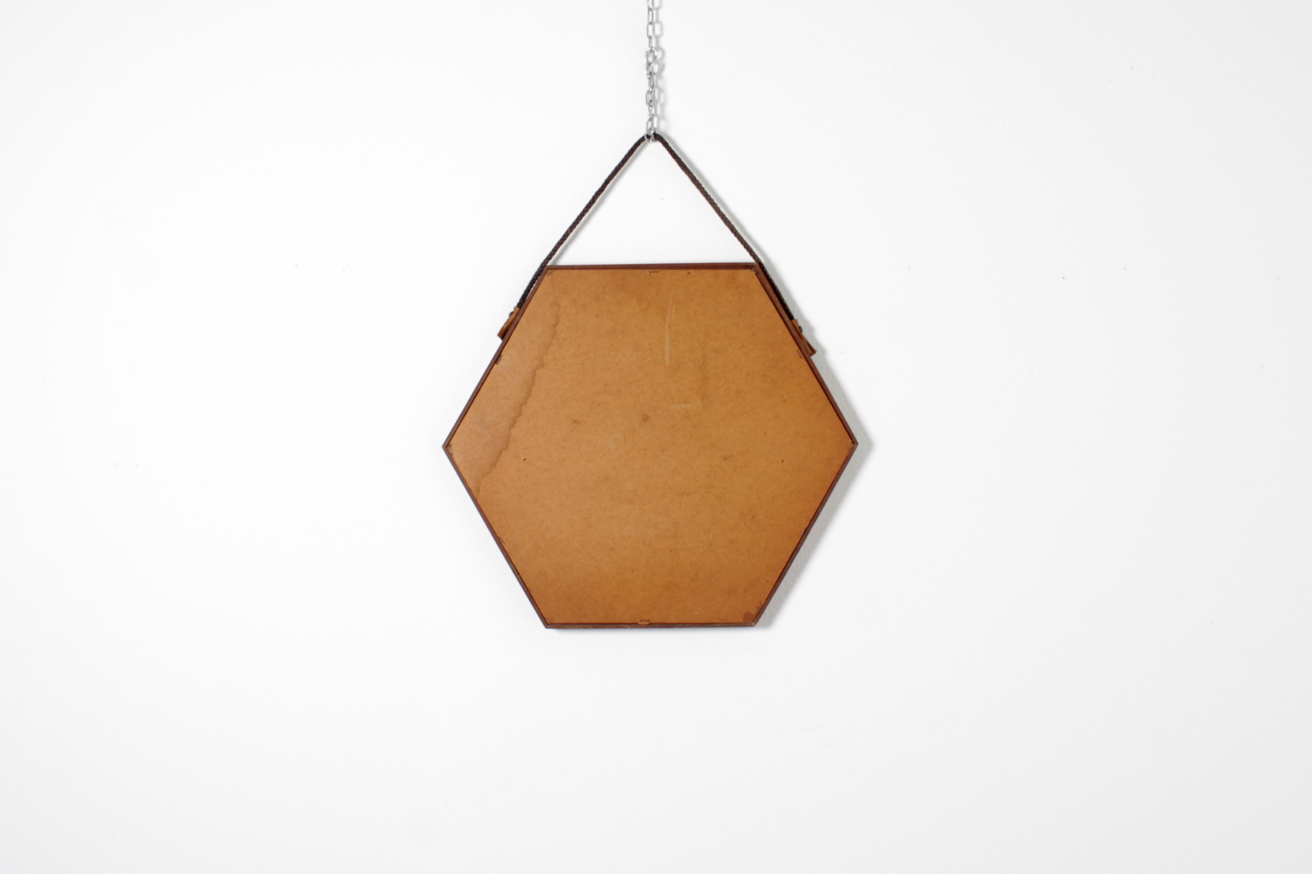 Miroir mural exagonal en teck avec corde, années 60, Italie, D & A Style Style en vente 4