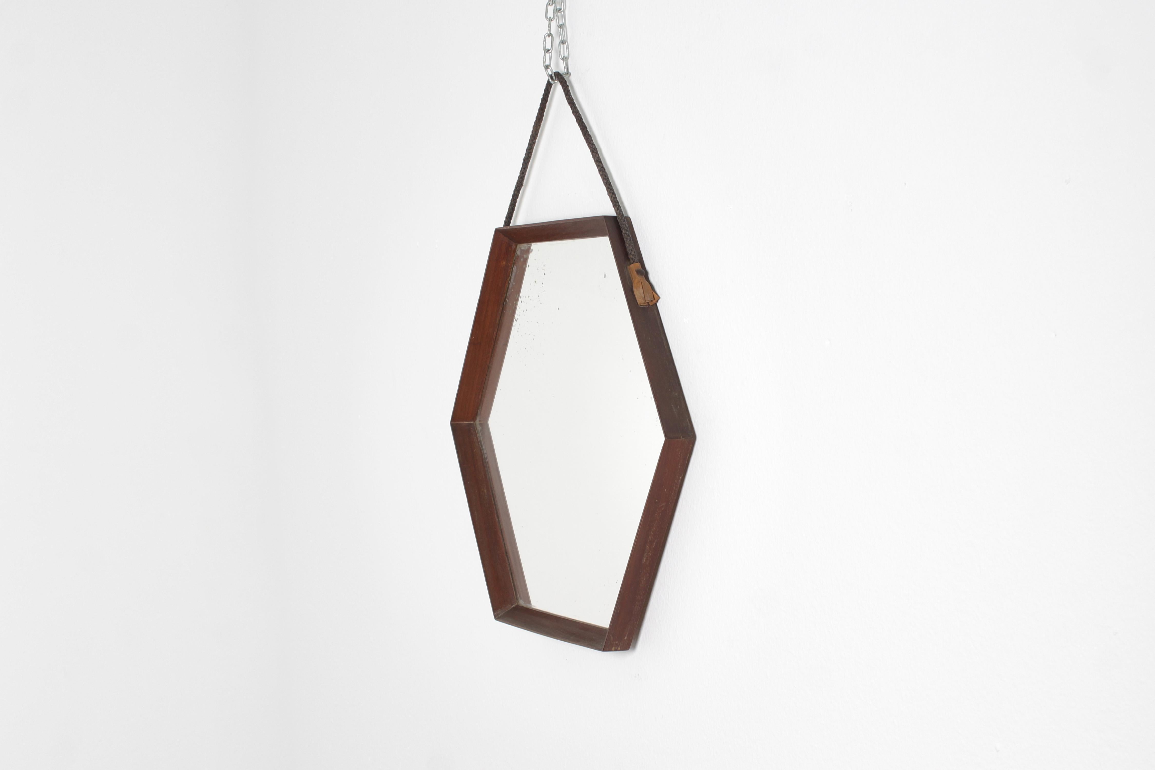 Mid-Century Modern Miroir mural exagonal en teck avec corde, années 60, Italie, D & A Style Style en vente