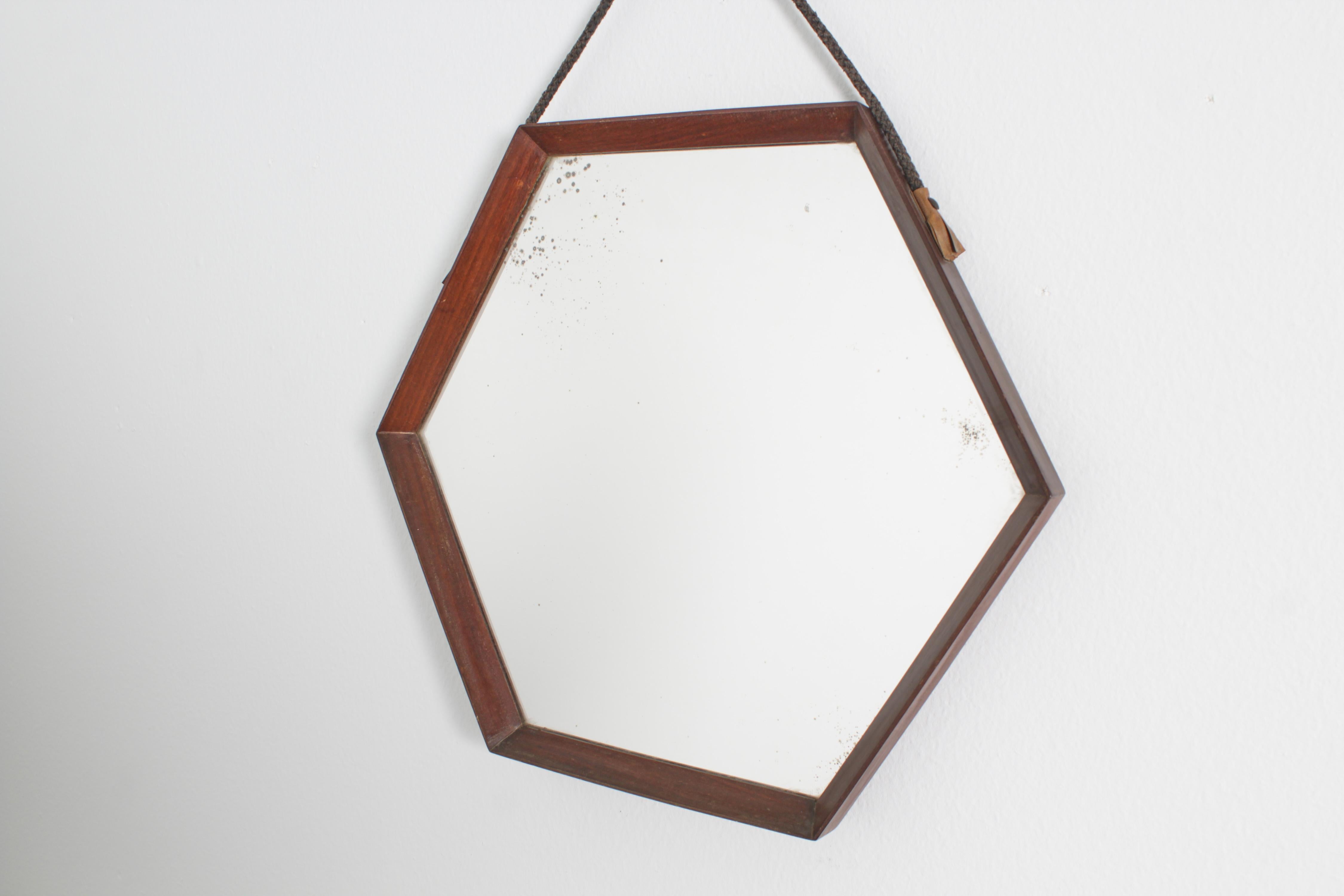 Miroir mural exagonal en teck avec corde, années 60, Italie, D & A Style Style Bon état - En vente à Palermo, IT