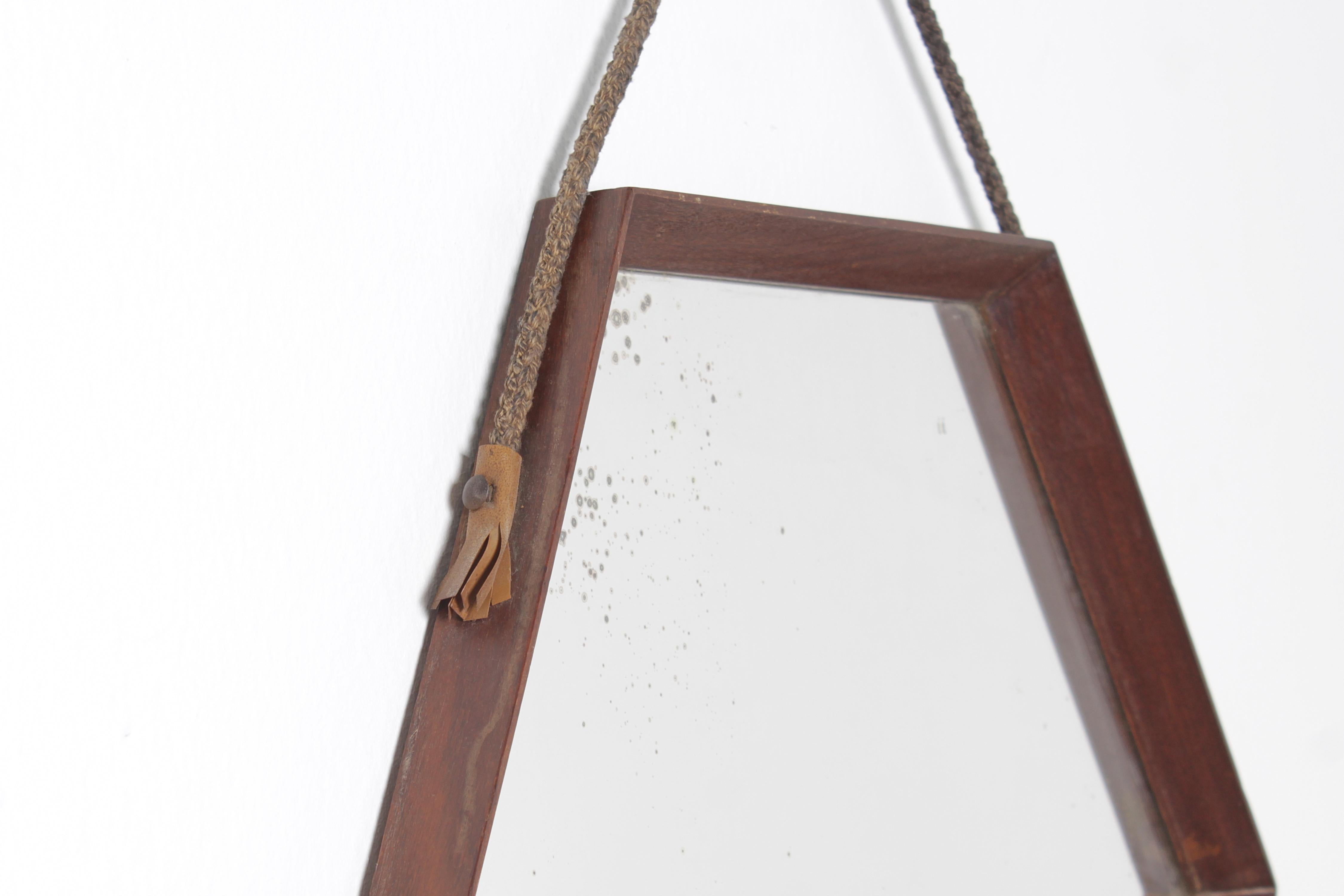Miroir mural exagonal en teck avec corde, années 60, Italie, D & A Style Style en vente 1