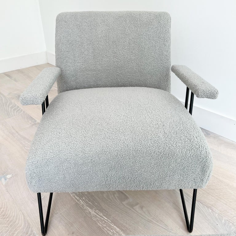Mid Century Dan Johnson Iron Lounge Chair with New Grey Boucle Upholstery For Sale 1