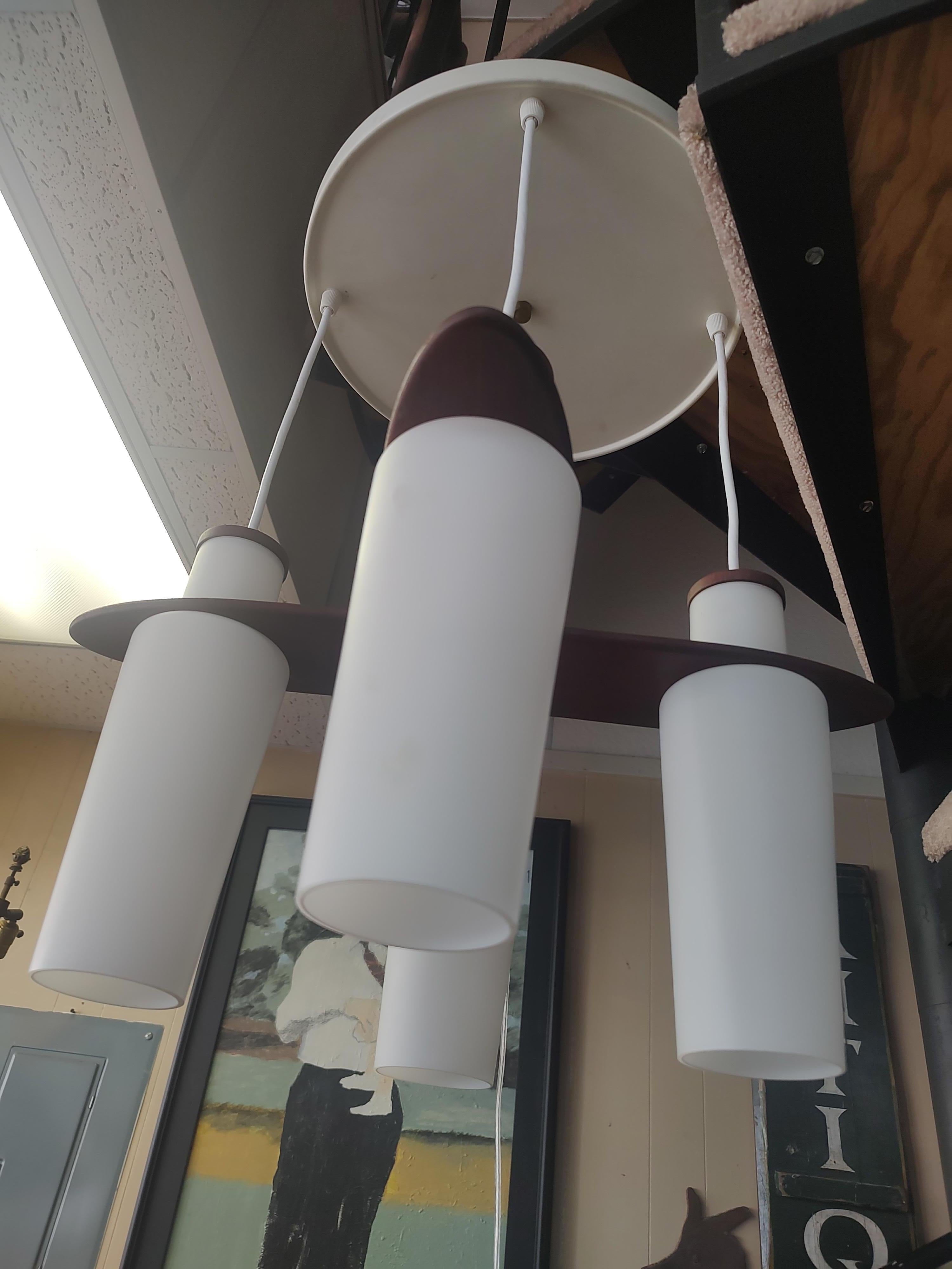 Mid Century Danish 4 Light Chandelier with Milk Glass Shades For Sale 1