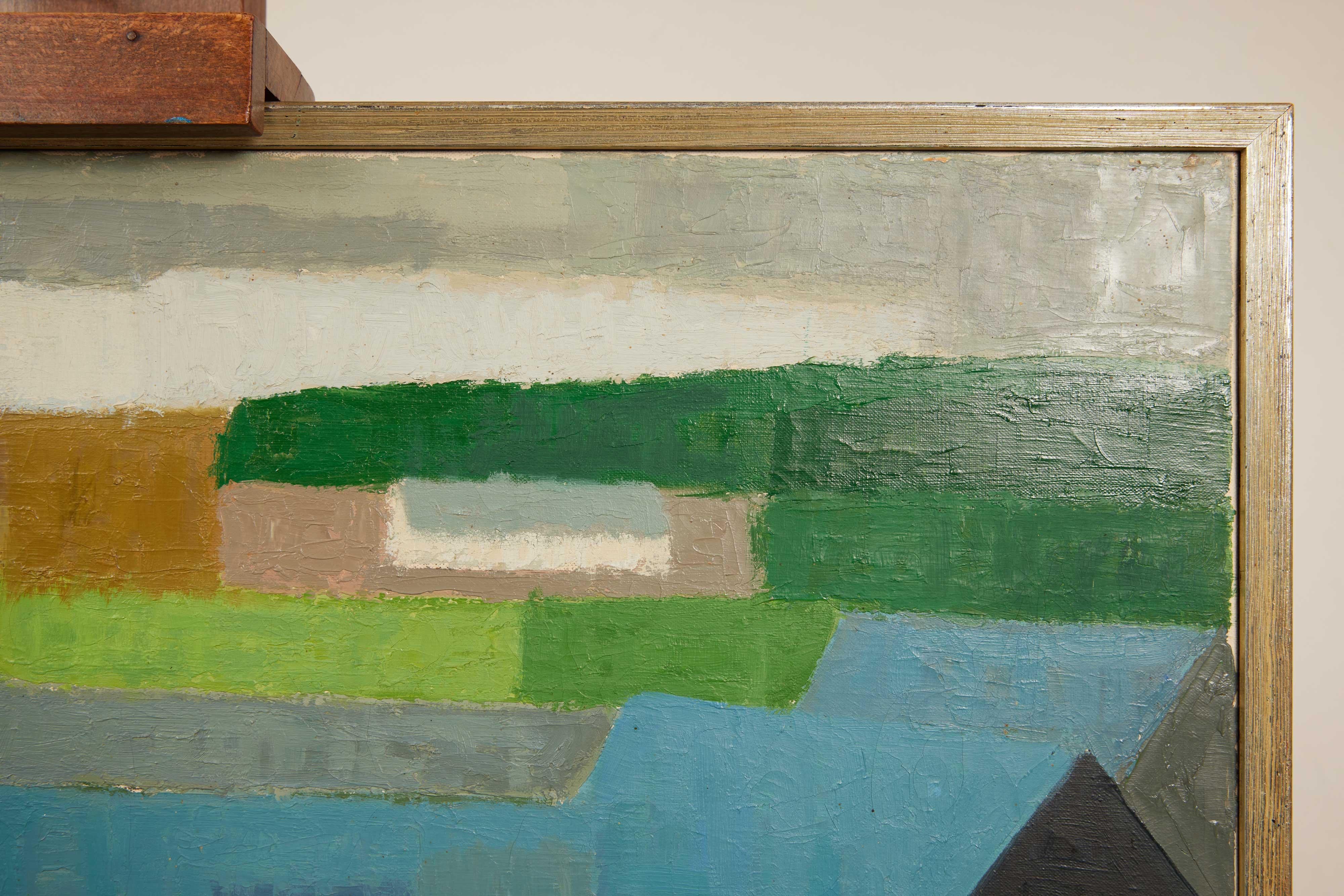 Oiled Mid Century Modern Danish Abstract Landscape Painting, signed on back For Sale