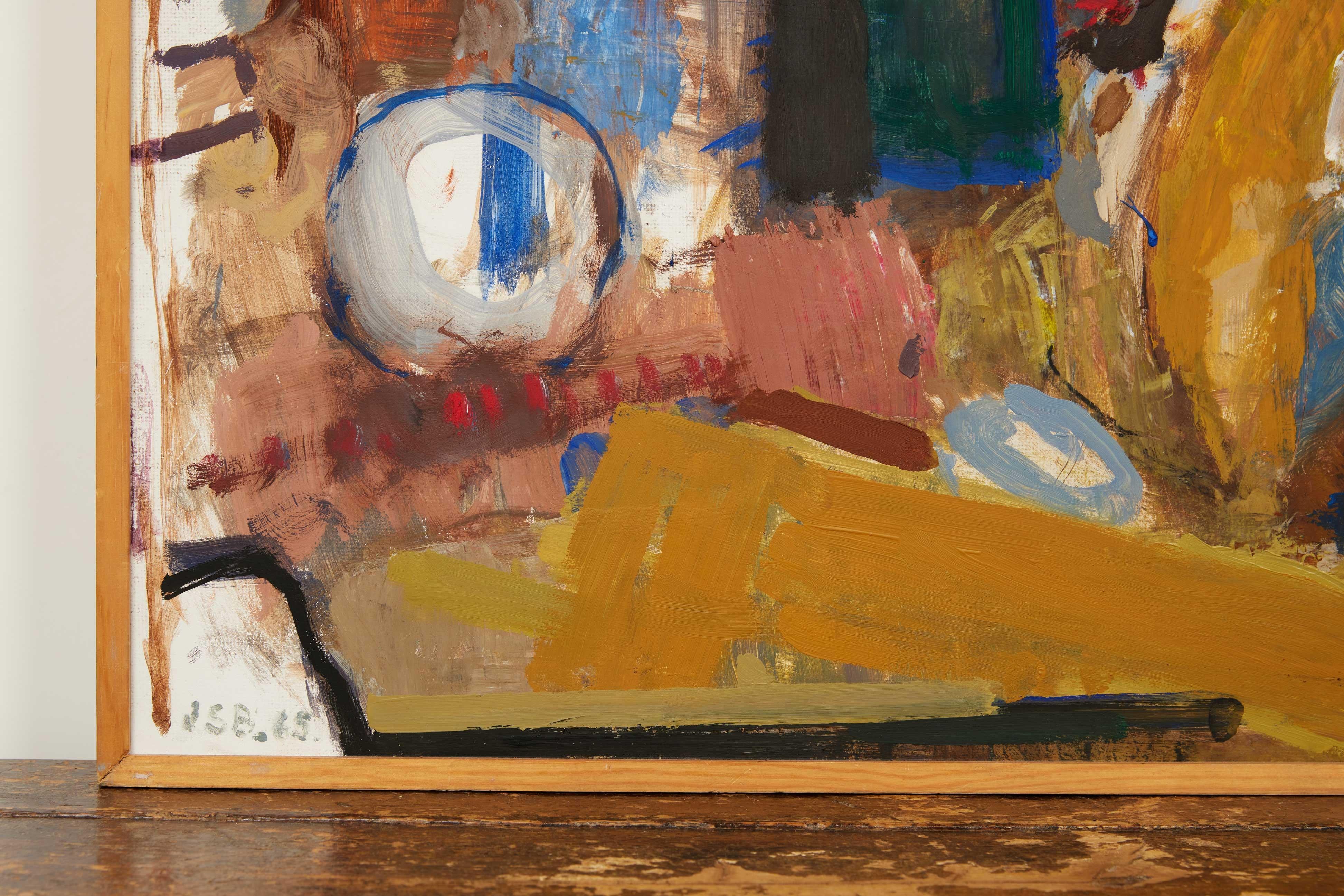 Dänisches abstraktes signiertes Gemälde aus der Mitte des Jahrhunderts - 1965

Tauchen Sie ein in die lebendige Welt der Kunst der Jahrhundertmitte mit diesem beeindruckenden dänischen abstrakten Multicolor-Gemälde aus dem Jahr 1965. Mit Abmessungen
