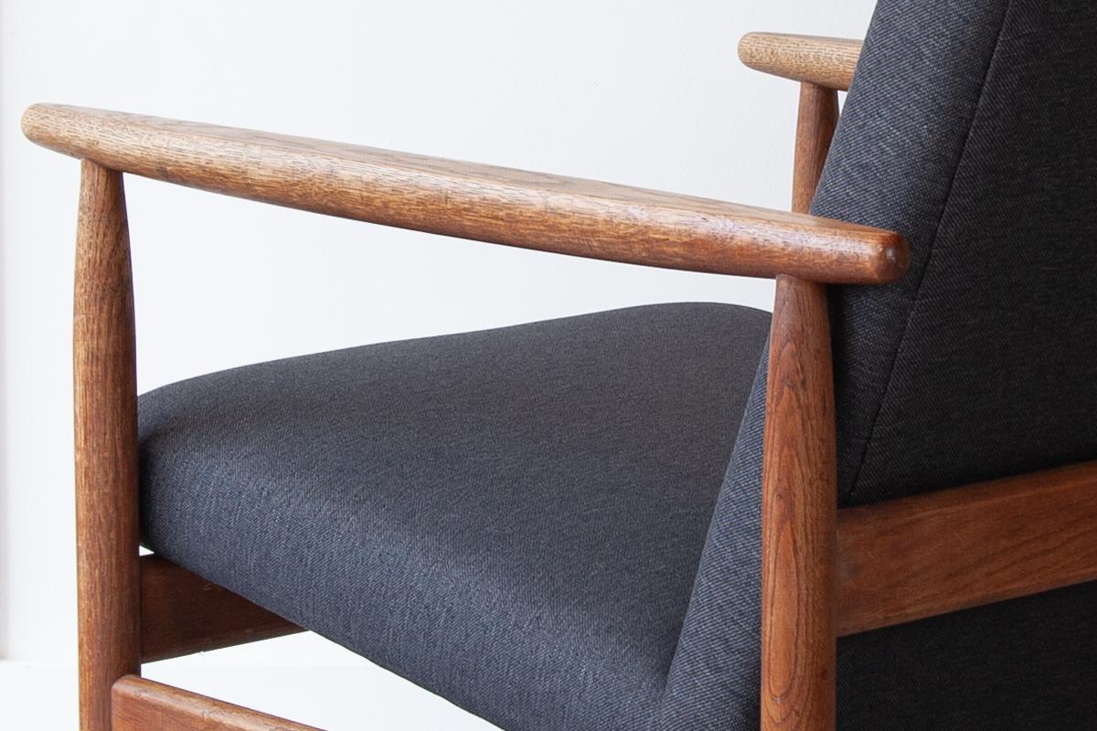 Linen Mid Century Danish Armchair in Oak For Sale
