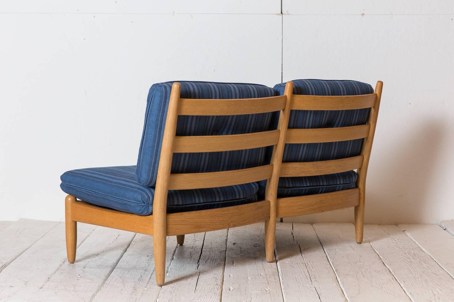 Mid-20th Century Midcentury Danish Armless Settee Upholstered in Blue Striped Fabric