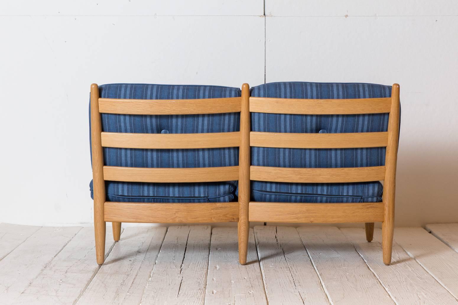 Midcentury Danish Armless Settee Upholstered in Blue Striped Fabric 1