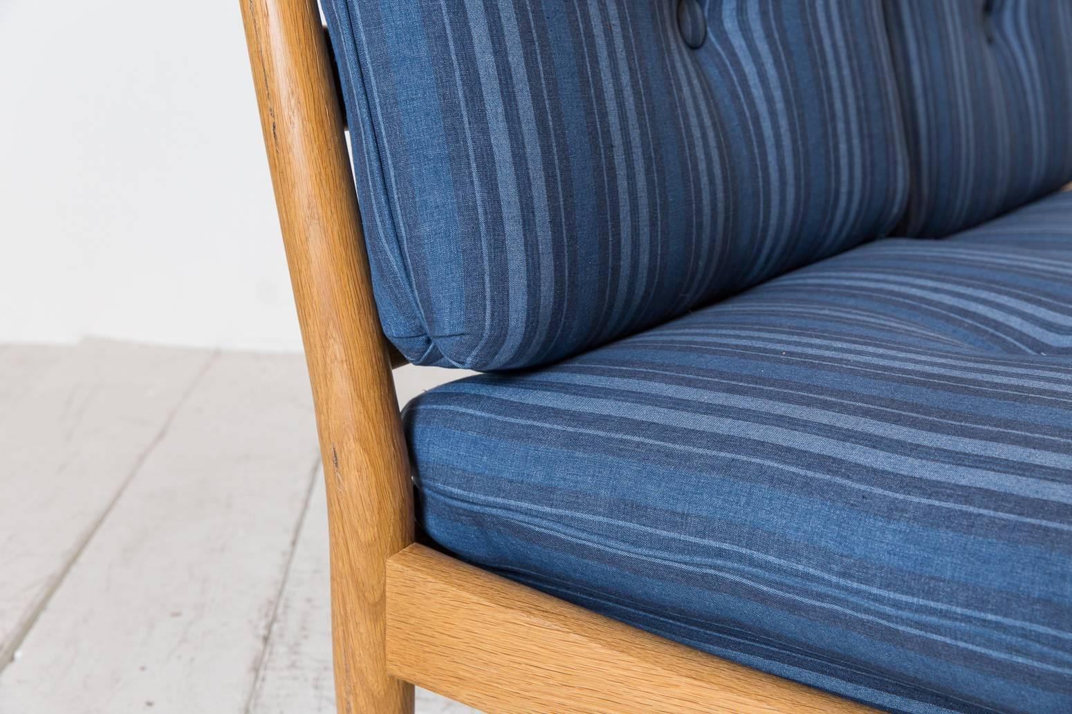 Midcentury Danish Armless Settee Upholstered in Blue Striped Fabric 2