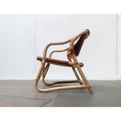 Butaca Safari danesa de bambú y cuero de mediados de siglo, años 60