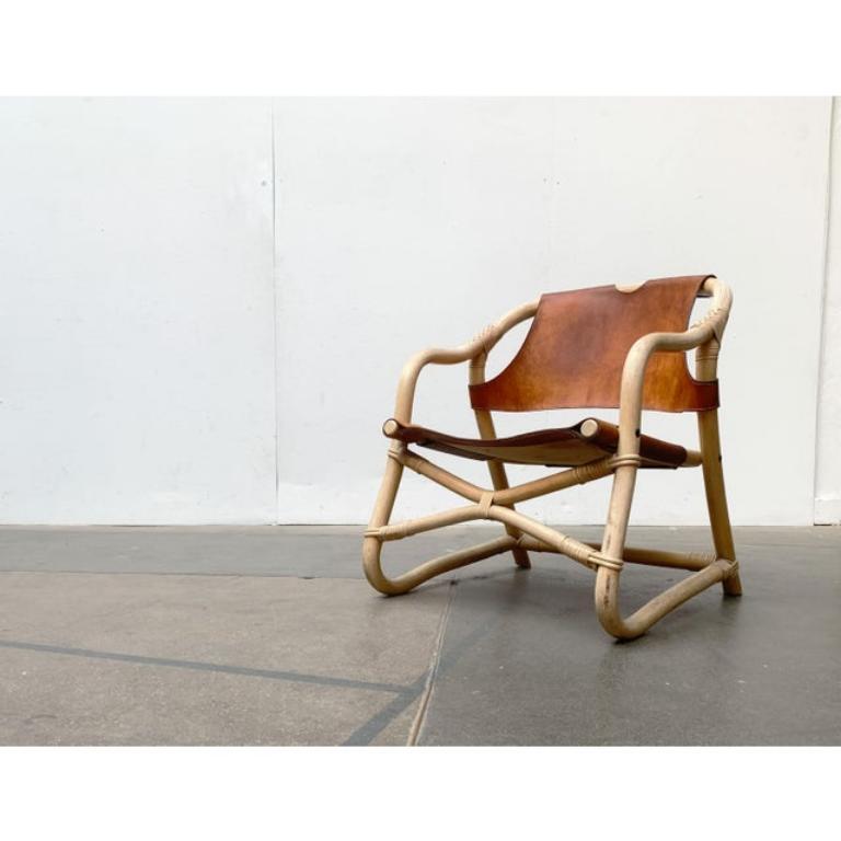 Mid-Century moderno Sedia da salotto Safari in bambù e pelle danese di metà secolo, anni '60 in vendita