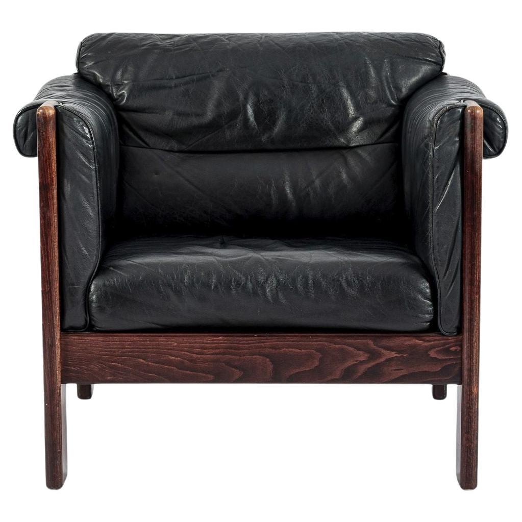 Mid Century Danish Black Leather Lounge Chair in Style of Arne Norell
