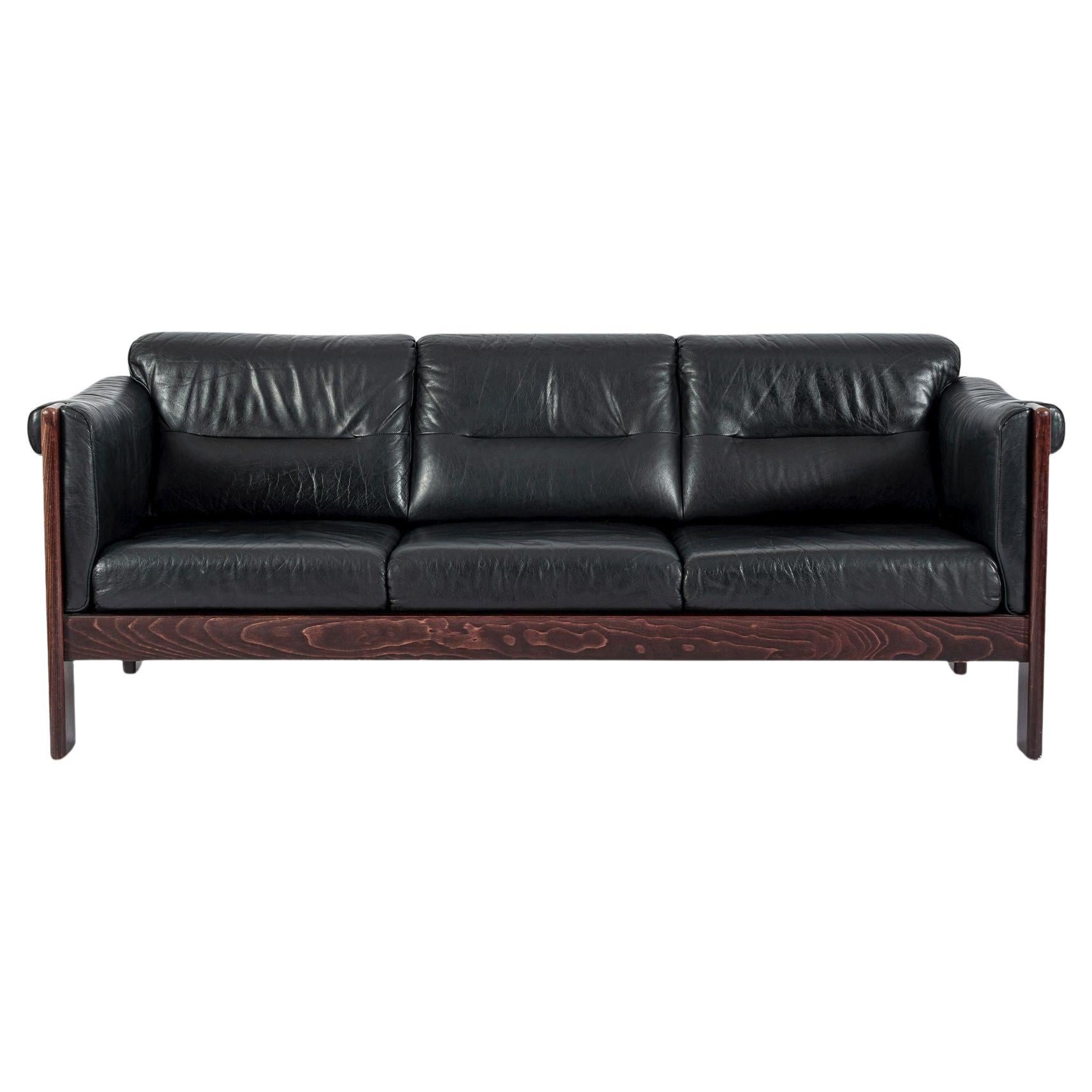 Mid Century Danish Black Leather Sofa in Style of Arne Norell