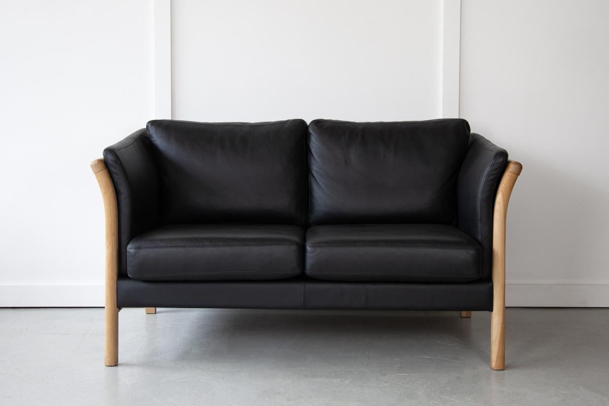 Mid-Century Modern Mid Century, Danish Black Leather Two-Seater Sofa