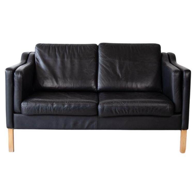 Mid Century, Danish Black Leather Two-Seater Sofa