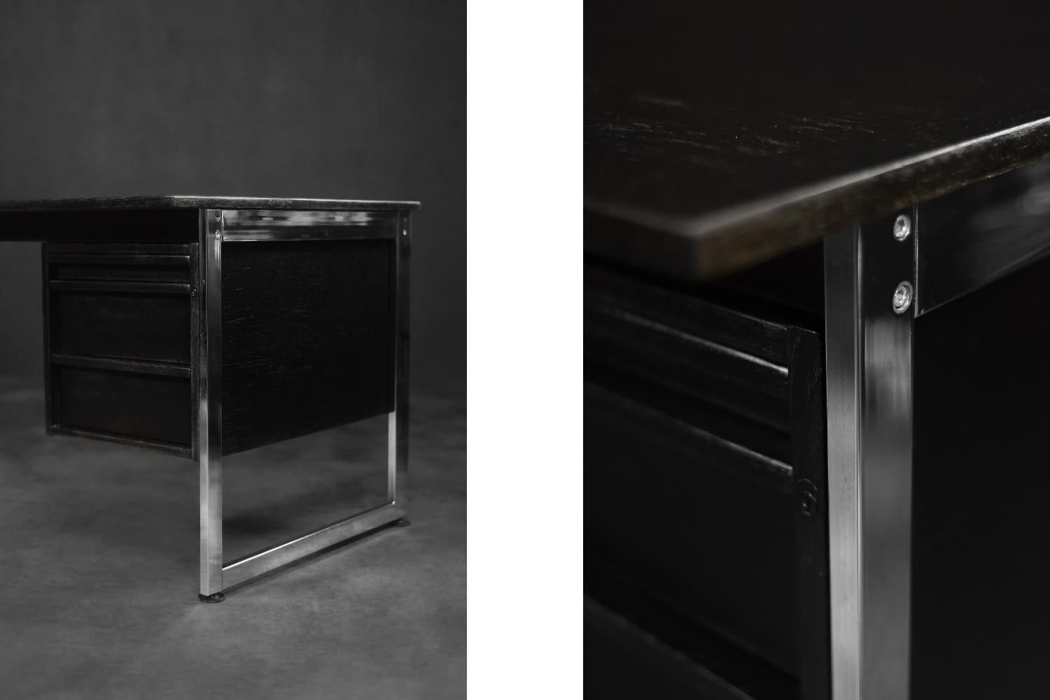 Mid-Century Danish Black Modern Minimalist Oak Office Desk with Chrome Base For Sale 6