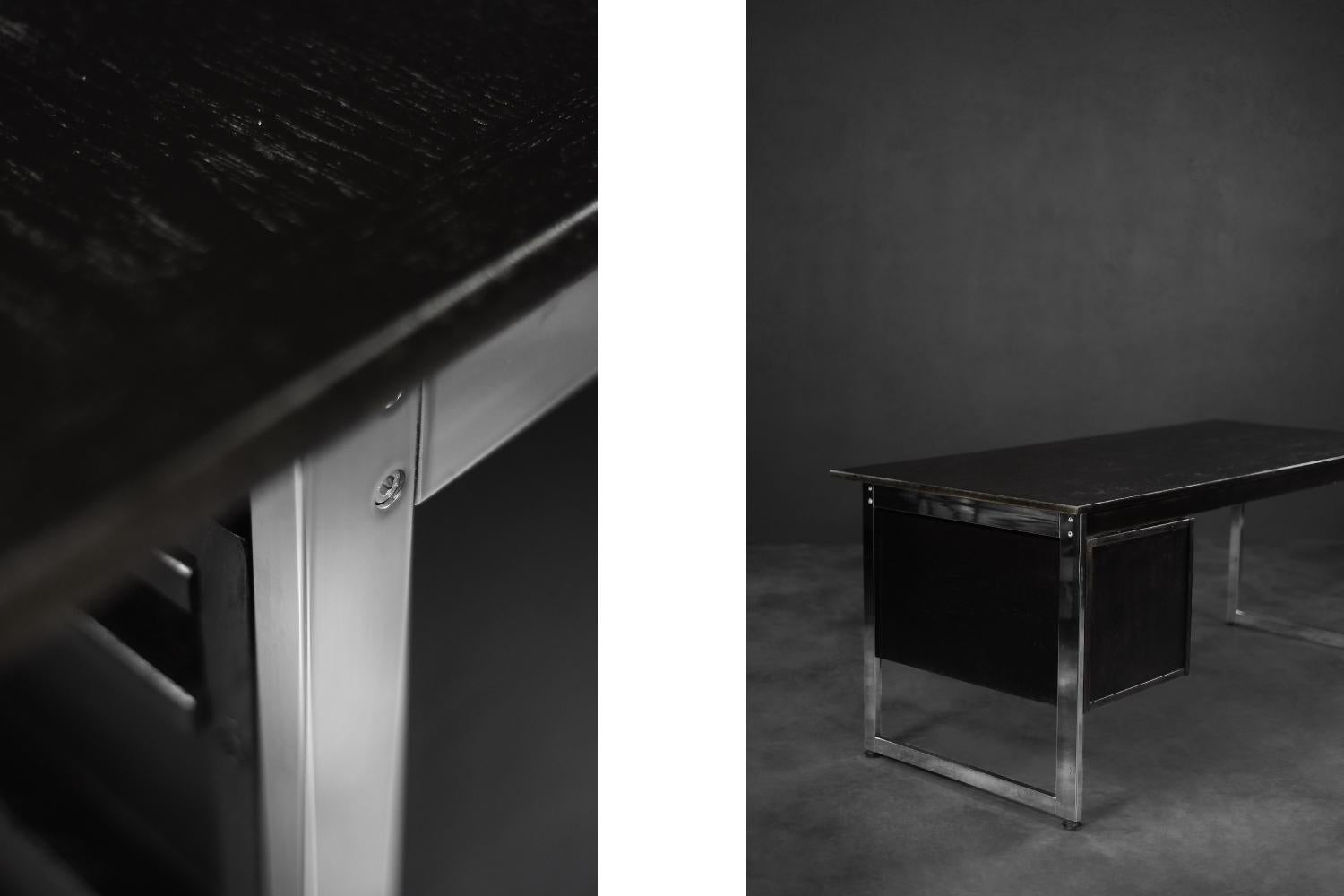 Mid-Century Danish Black Modern Minimalist Oak Office Desk with Chrome Base For Sale 9