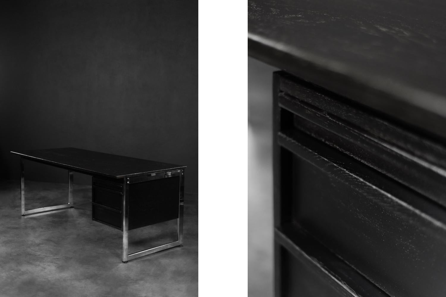 Mid-Century Danish Black Modern Minimalist Oak Office Desk with Chrome Base For Sale 13