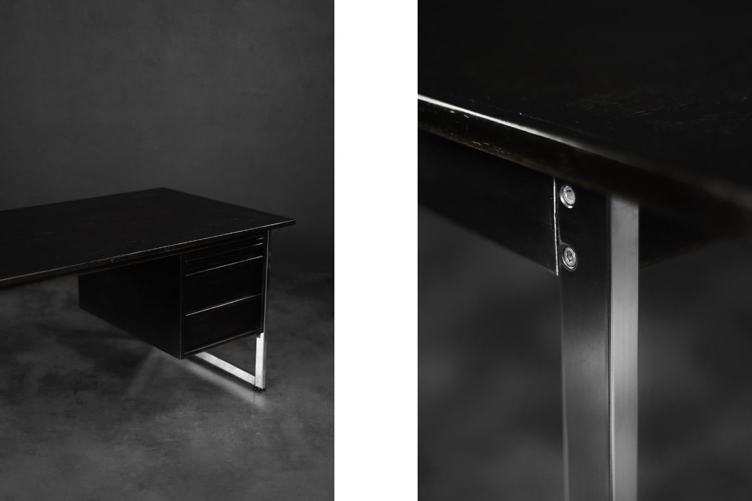Late 20th Century Mid-Century Danish Black Modern Minimalist Oak Office Desk with Chrome Base For Sale