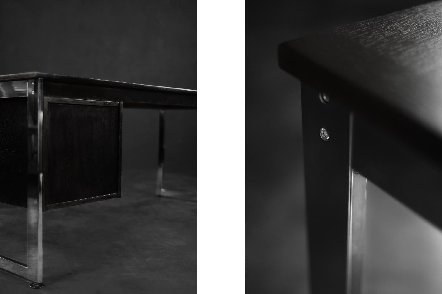 Mid-Century Danish Black Modern Minimalist Oak Office Desk with Chrome Base For Sale 1