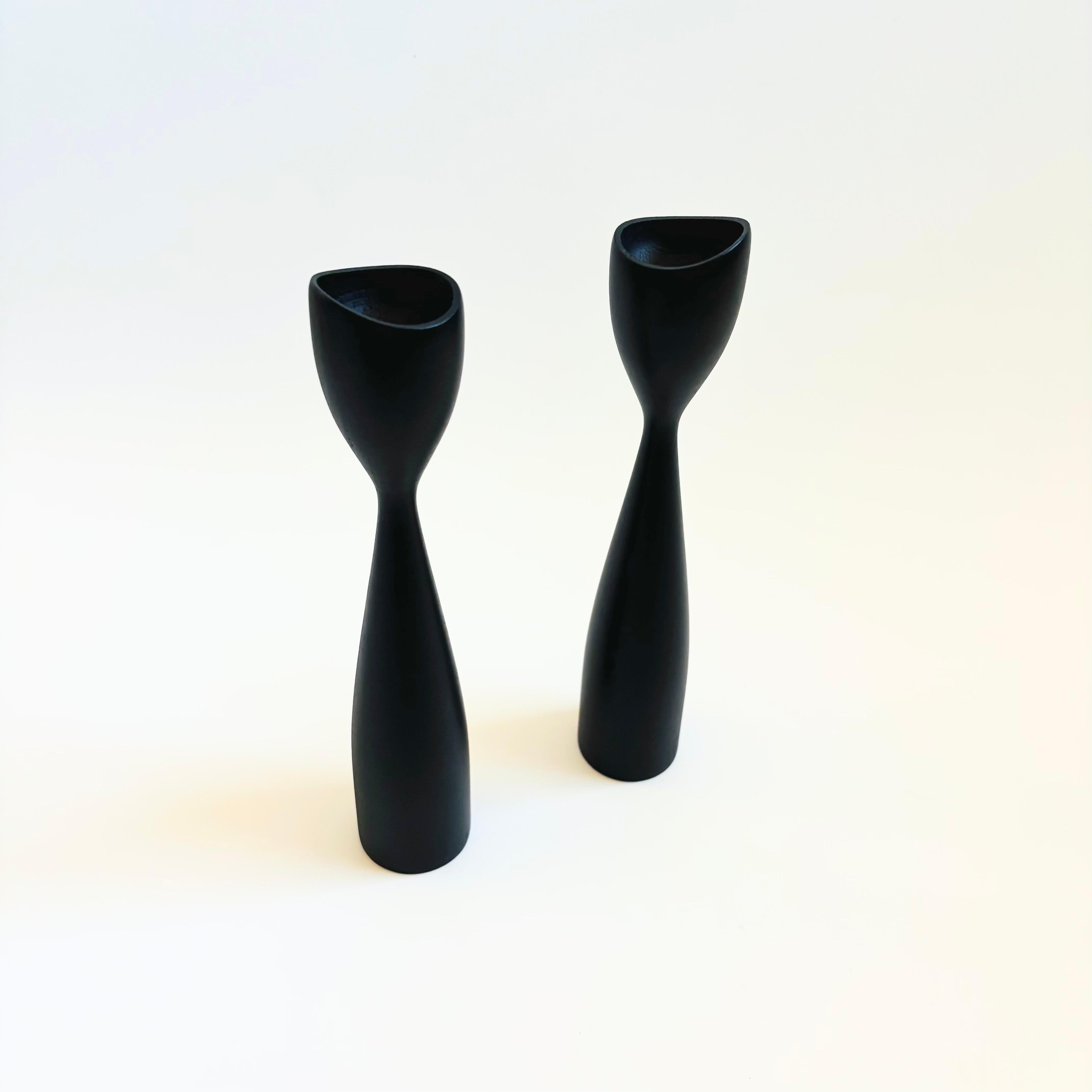 Mid-Century Modern Mid Century Danish Black Wood Candlestick Holders - Set of 2 For Sale