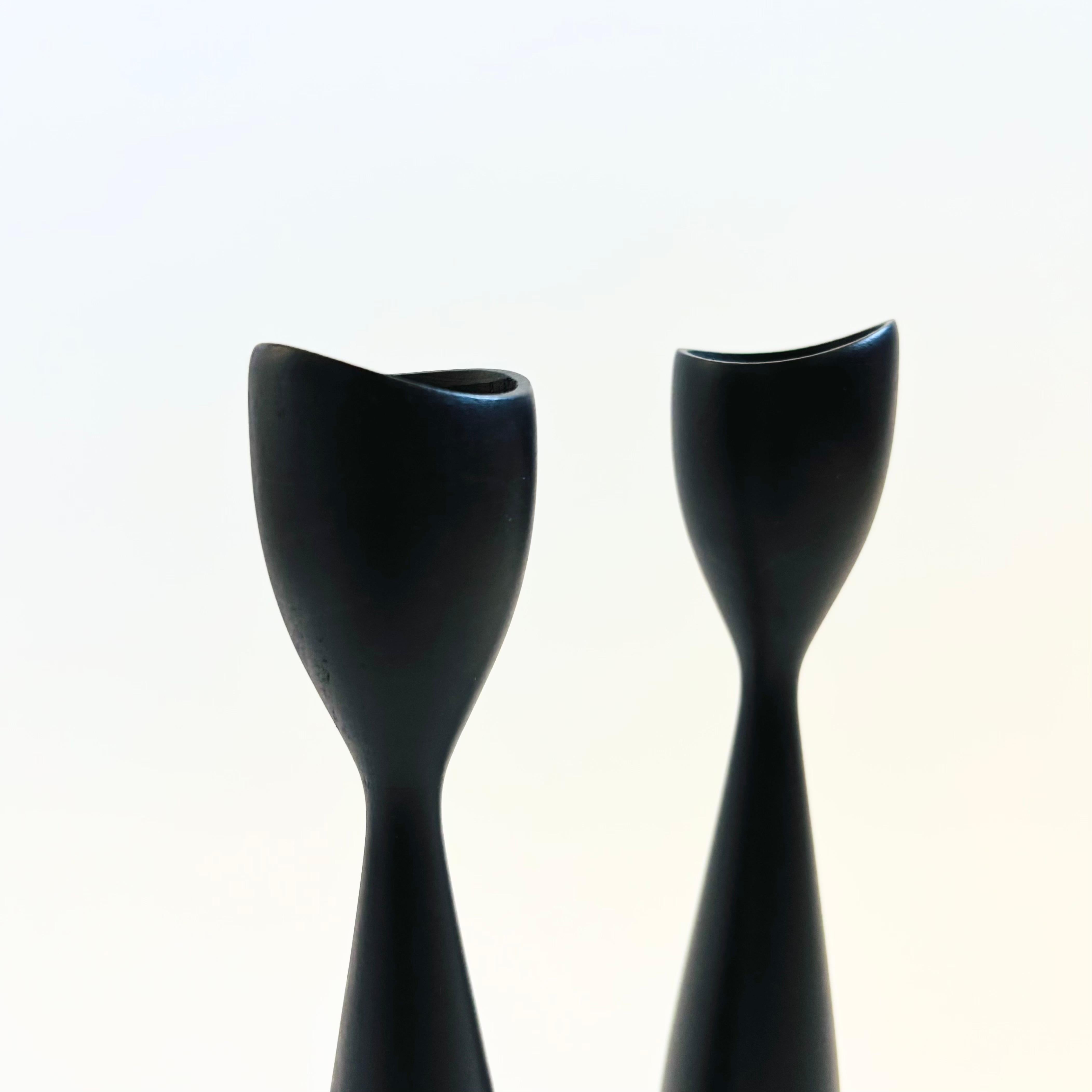 Mid Century Danish Black Wood Candlestick Holders - Set of 2 In Good Condition For Sale In Fairfield, CA