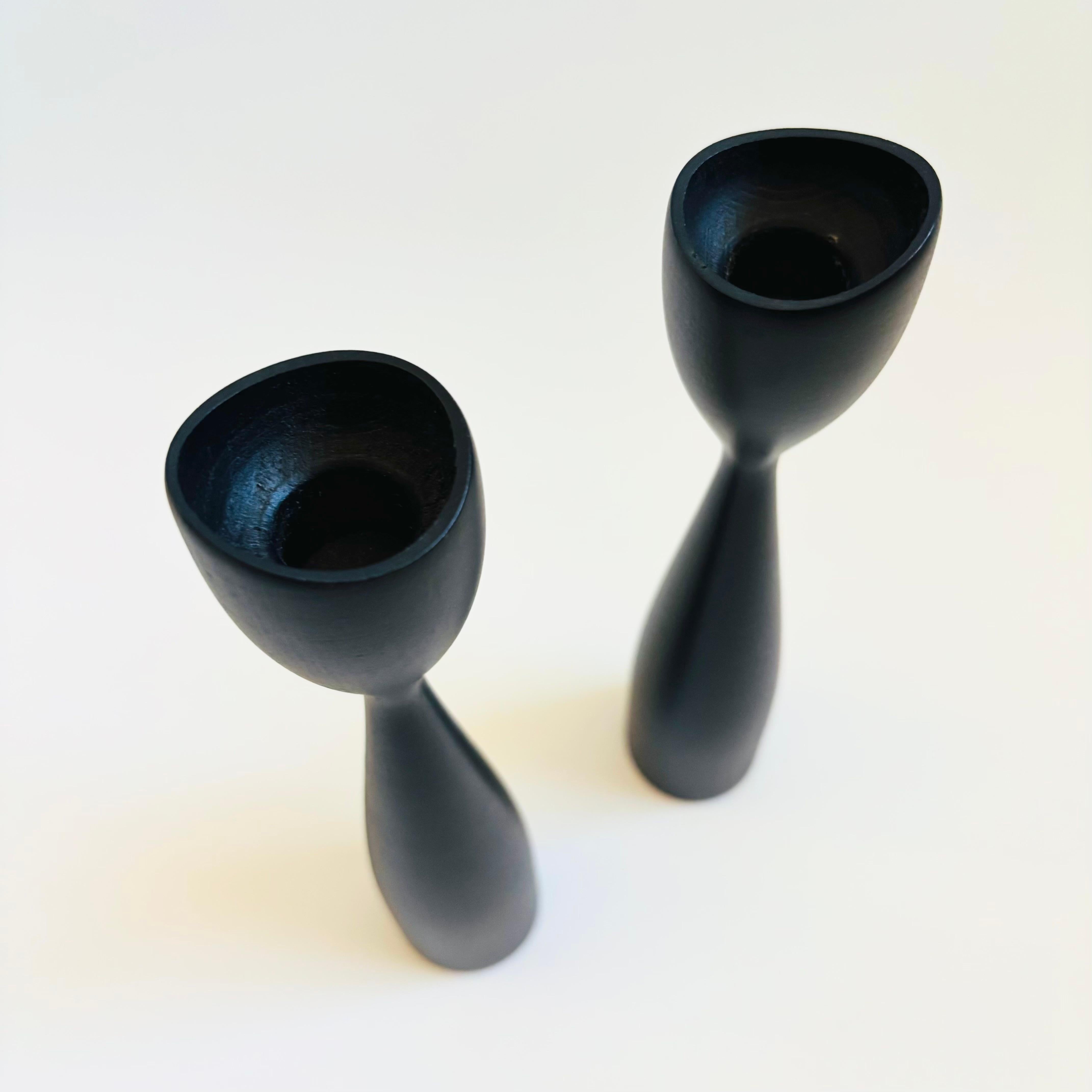 20th Century Mid Century Danish Black Wood Candlestick Holders - Set of 2 For Sale