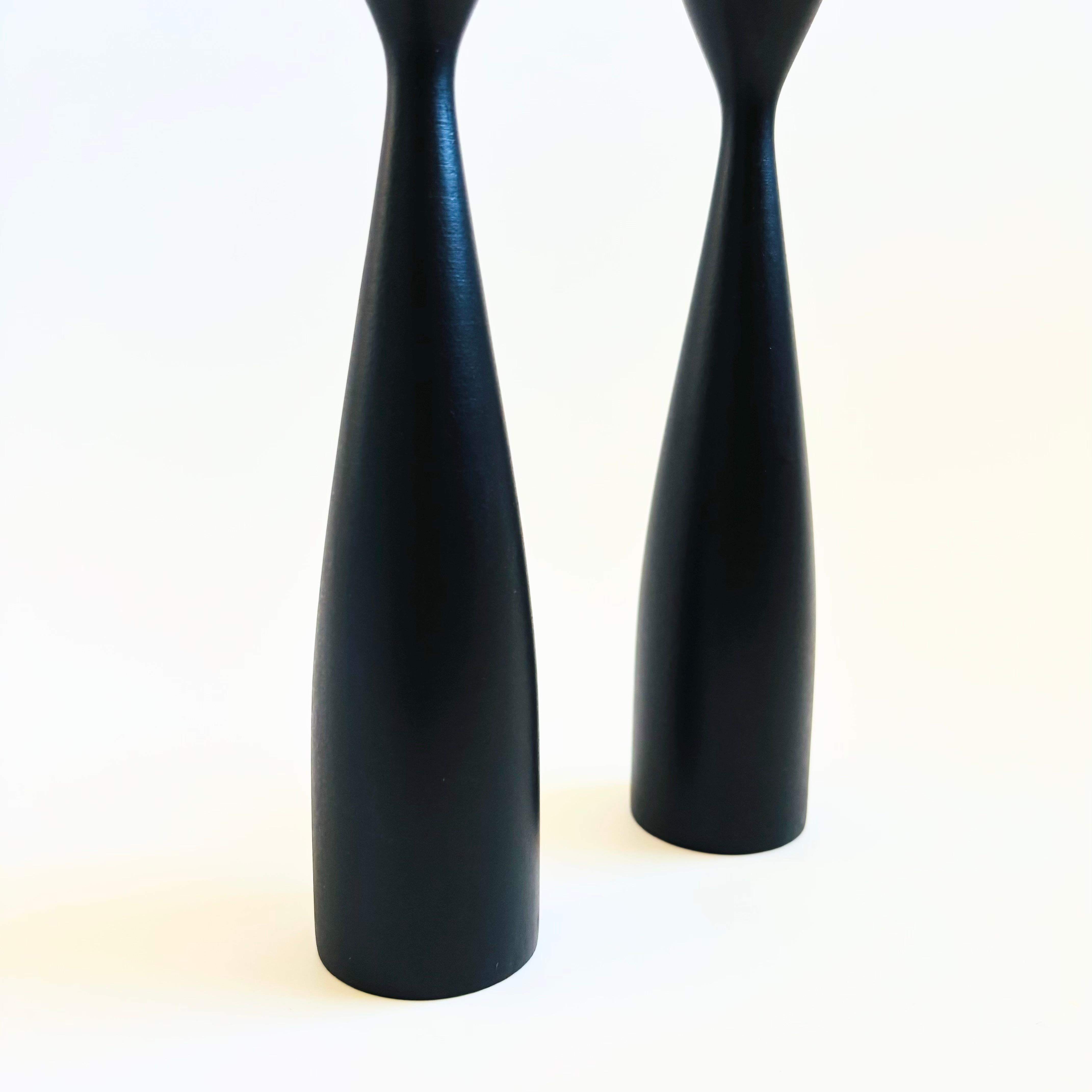 Mid Century Danish Black Wood Candlestick Holders - Set of 2 For Sale 1