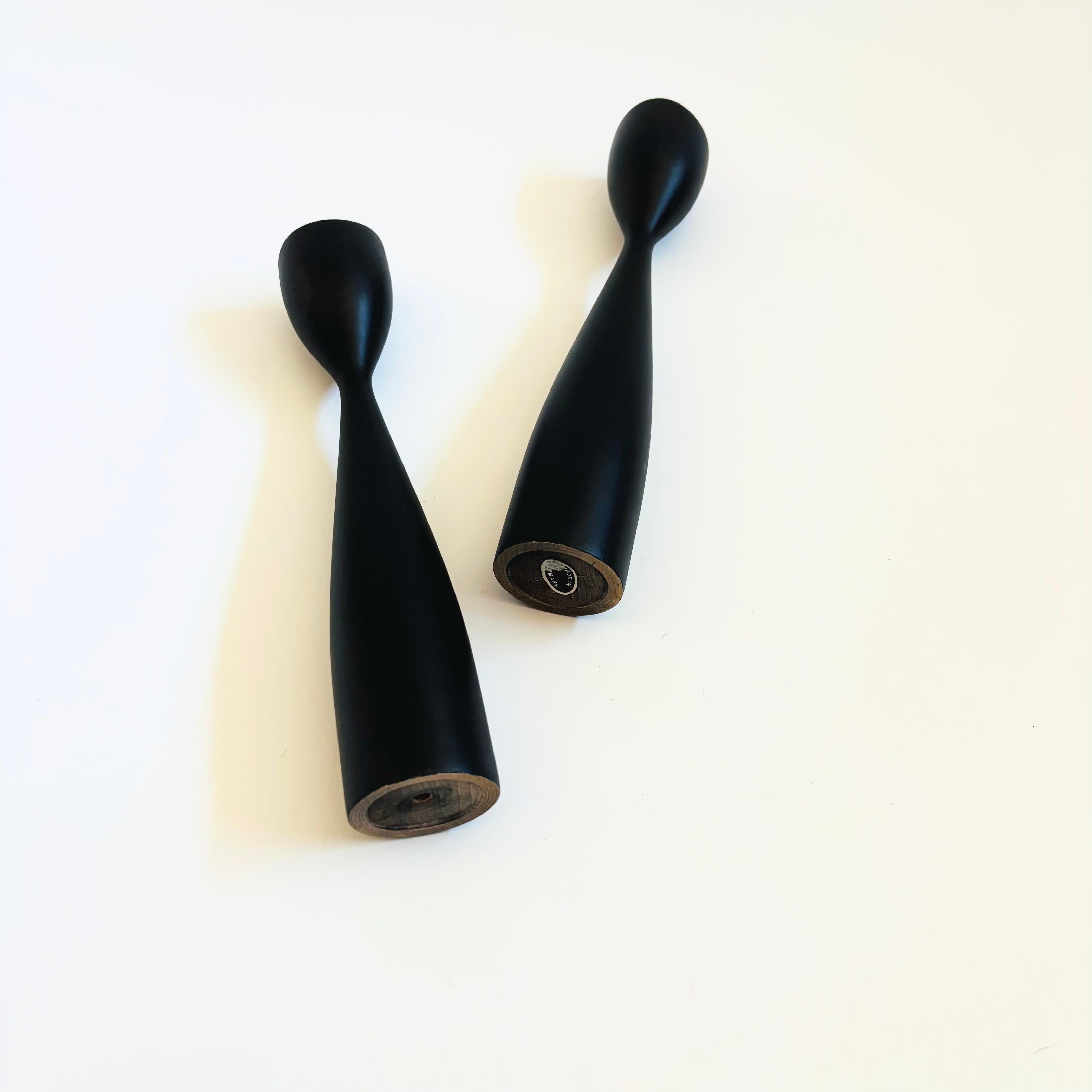 Mid Century Danish Black Wood Candlestick Holders - Set of 2 For Sale 2