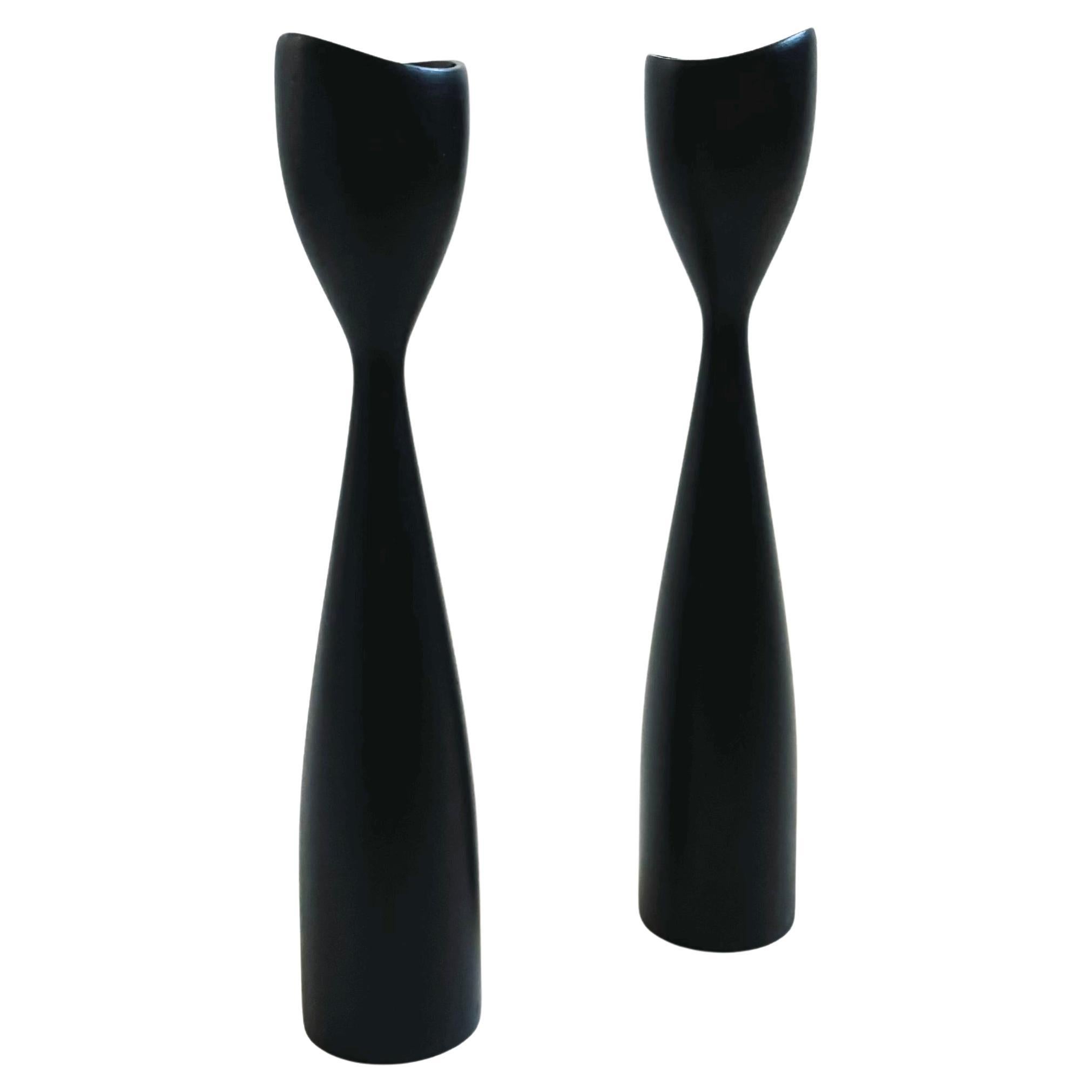 Mid Century Danish Black Wood Candlestick Holders - Set of 2 For Sale